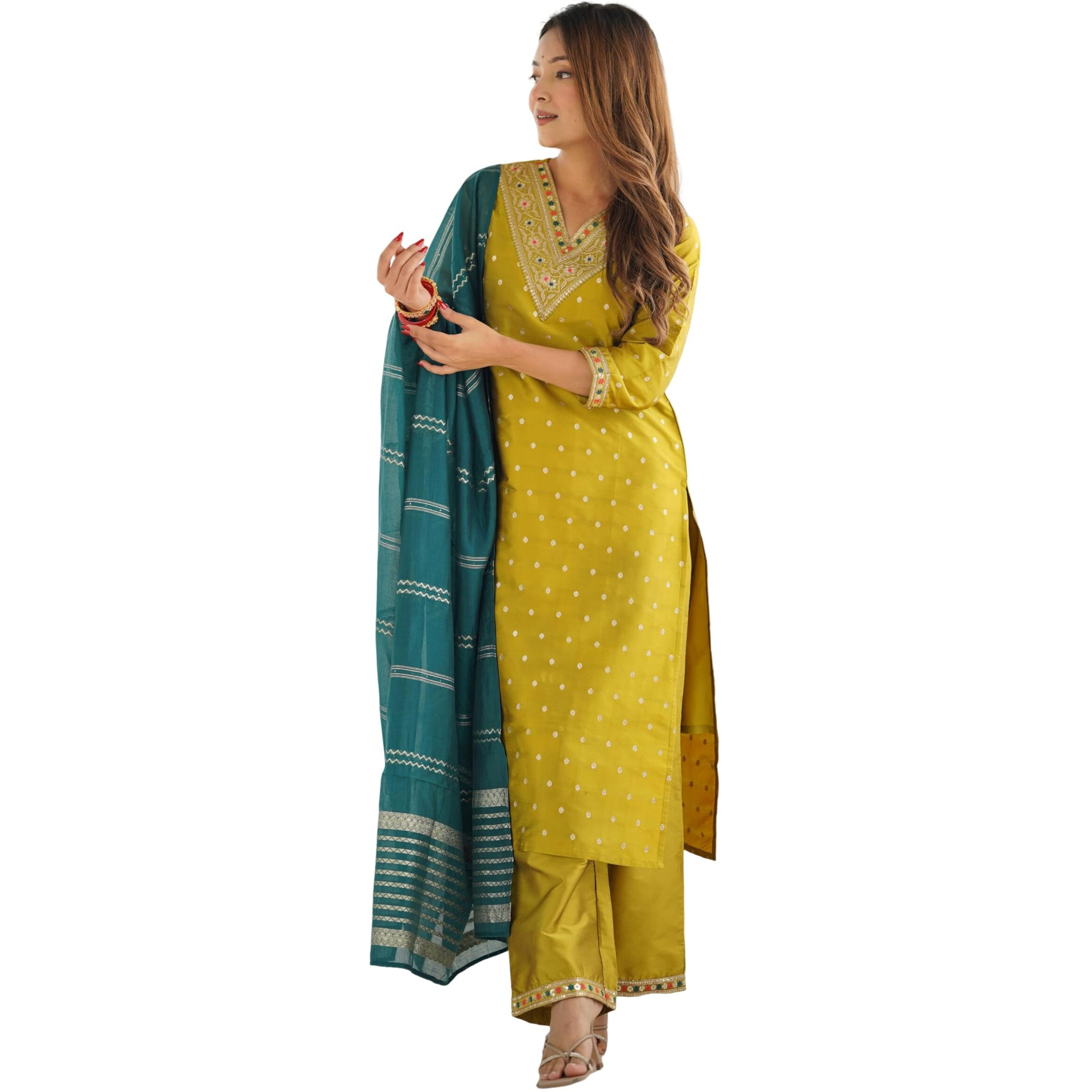 Sanisa Women's Silk Blend Jacquard Sequins Embroidery Straight Kurta With Pant And Dupatta Set (204Kbd2164N-S_Yellow)