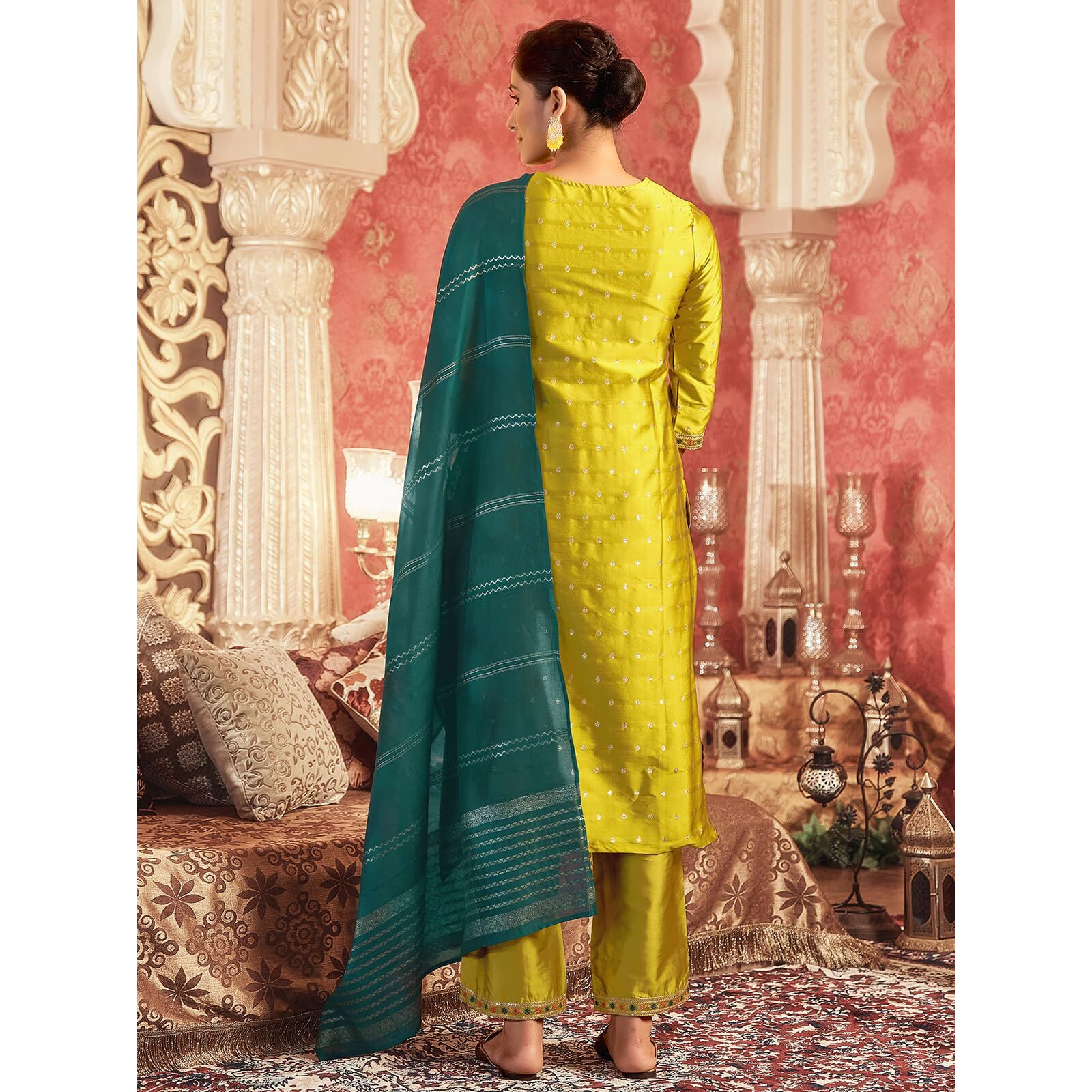 Sanisa Women's Silk Blend Jacquard Sequins Embroidery Straight Kurta With Pant And Dupatta Set (204Kbd2164N-S_Yellow)