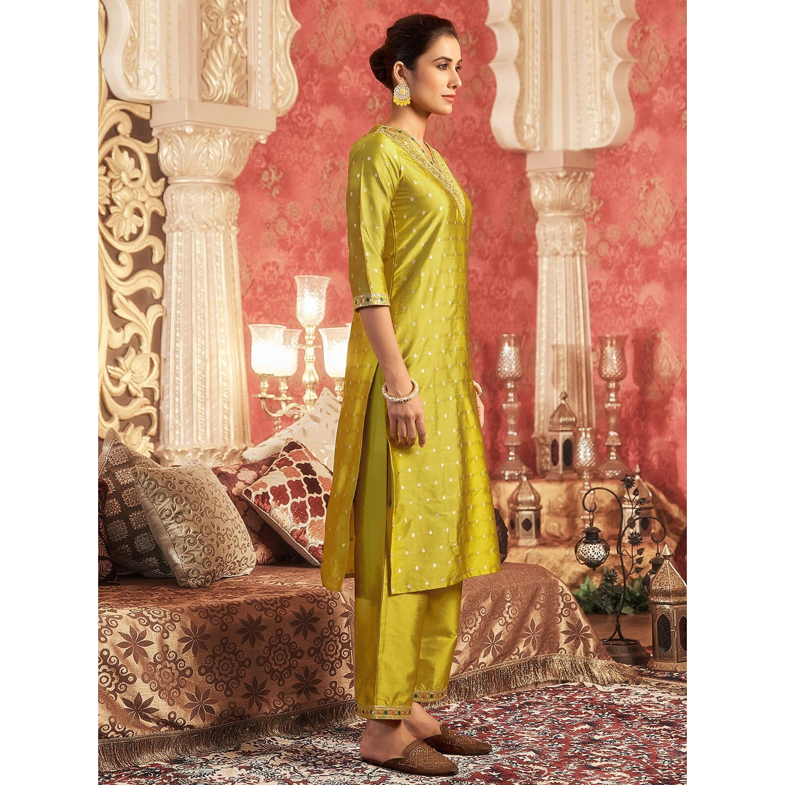 Sanisa Women's Silk Blend Jacquard Sequins Embroidery Straight Kurta With Pant And Dupatta Set (204Kbd2164N-S_Yellow)