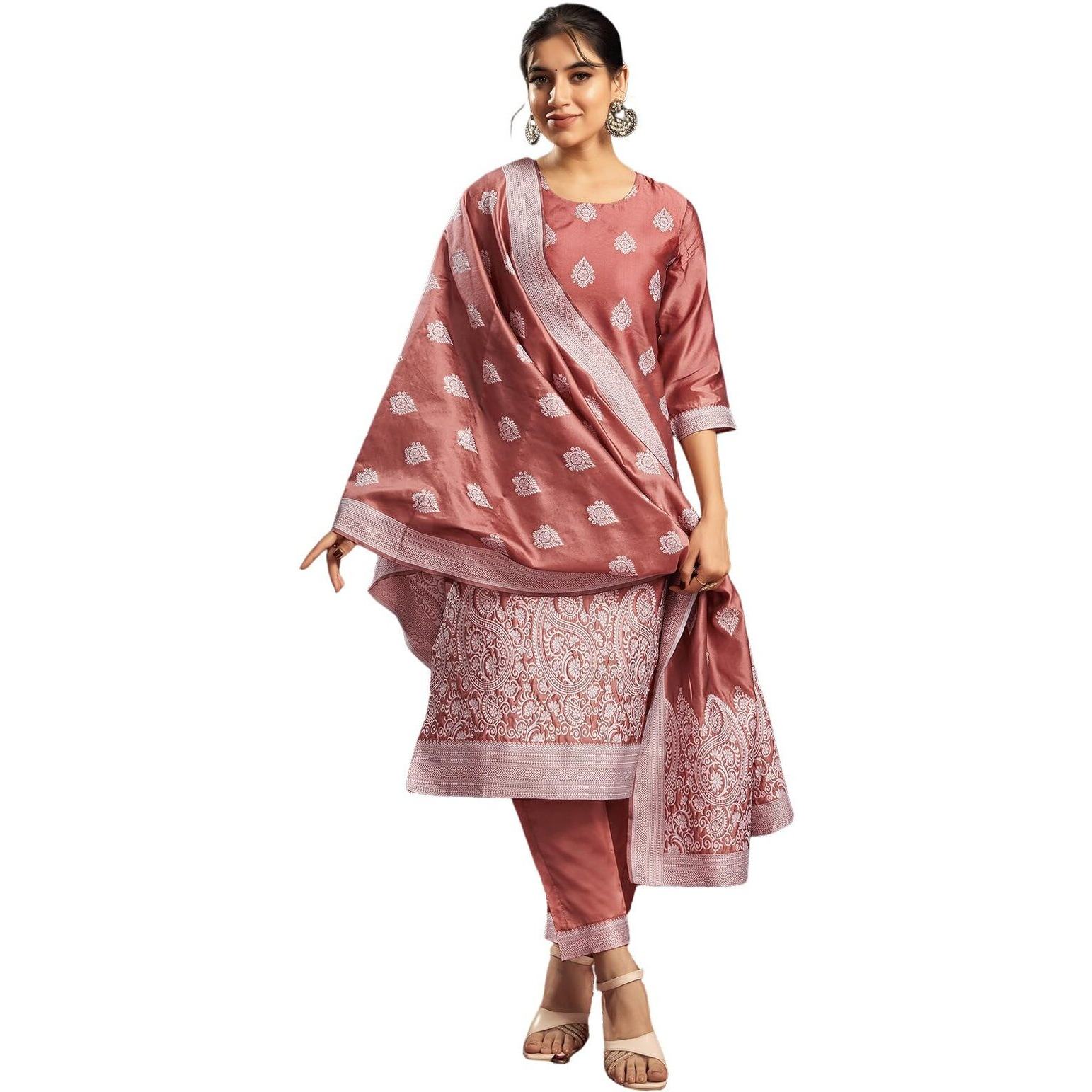 Sanisa Women's Silk Blend Jacquard Work Straight Kurta With Pant And Dupatta Set (217Kbd2295Na-Xxl_Dusty Pink & Off White)