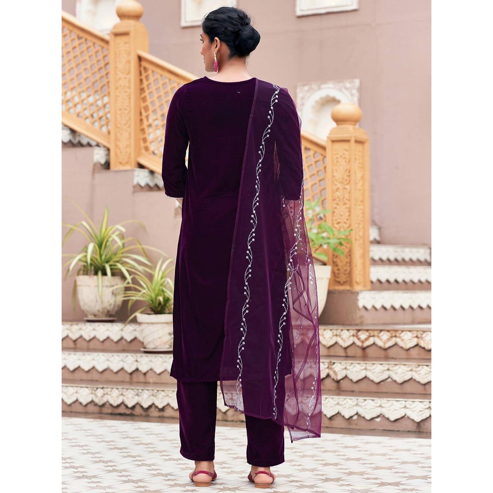Sanisa Women's Velvet Sequins And Embroidery Work Straight Kurta With Pant And Dupatta Set (224Kbd2376N-M_Wine)