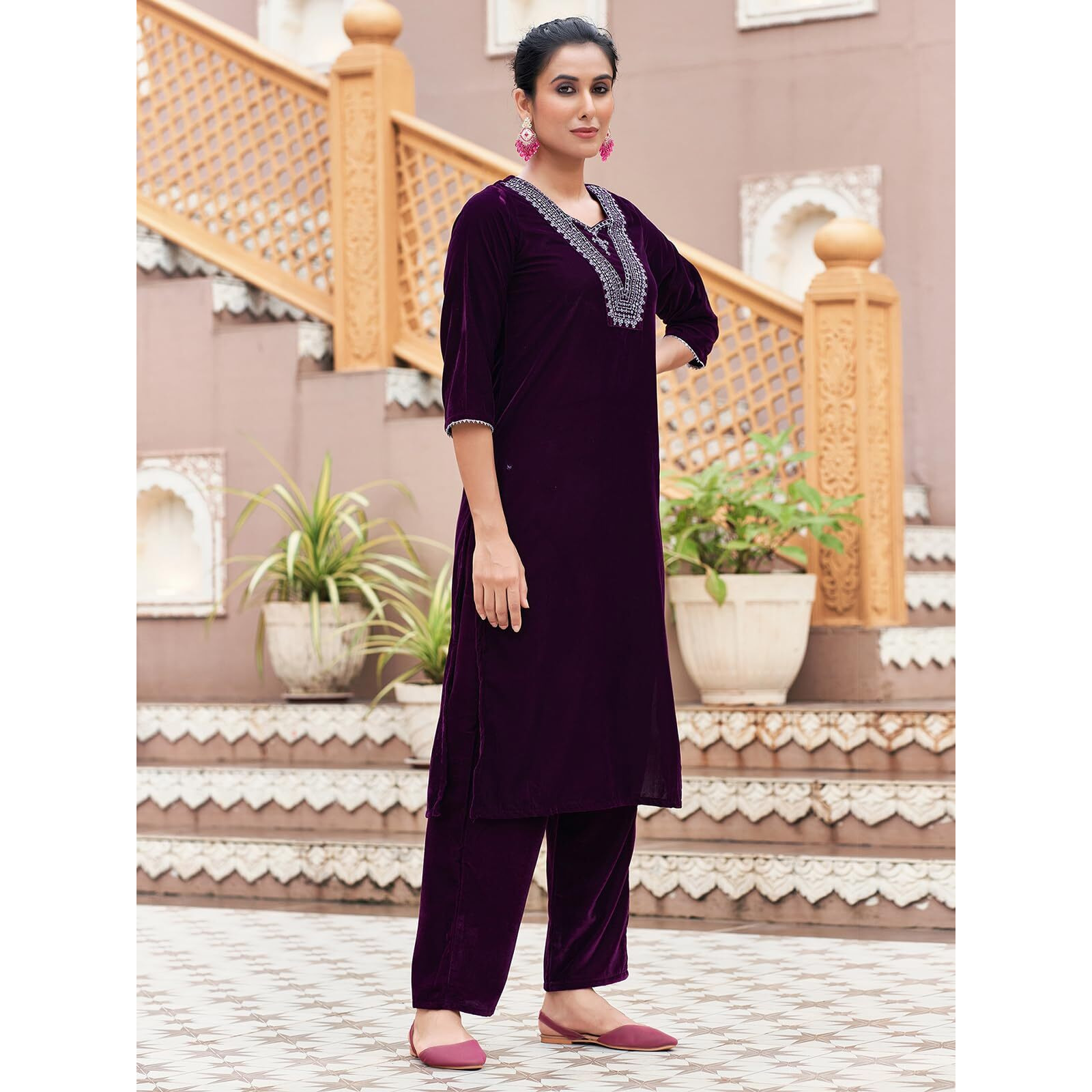 Sanisa Women's Velvet Sequins And Embroidery Work Straight Kurta With Pant And Dupatta Set (224Kbd2376N-M_Wine)