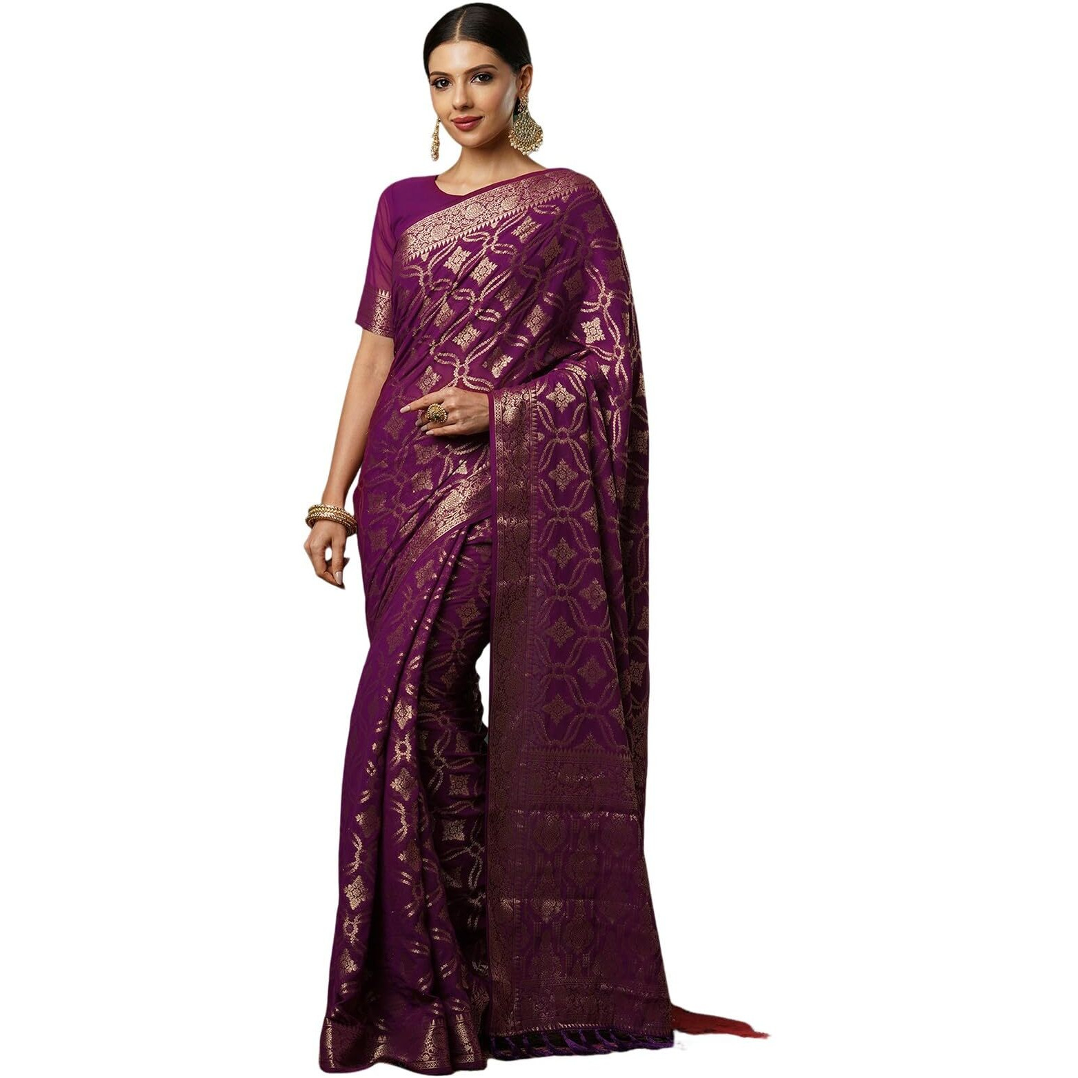 Satrani Women's Viscose Georgette Banarasi Jacquard Saree With Unstitched Blouse Piece (3906S151N_Wine3)