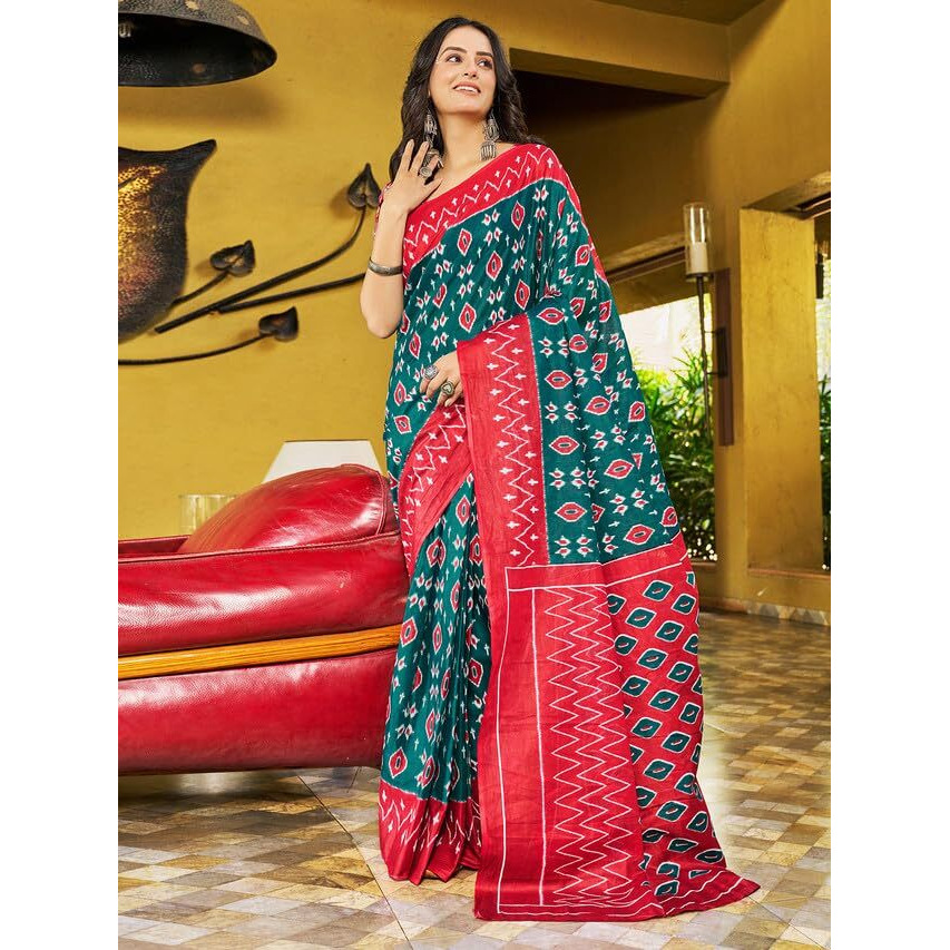 Satrani Women's Cotton Printed & Ready To Wear Saree With Unstitched Blouse Piece (3391S295N_Dull Rama & Maroon2)