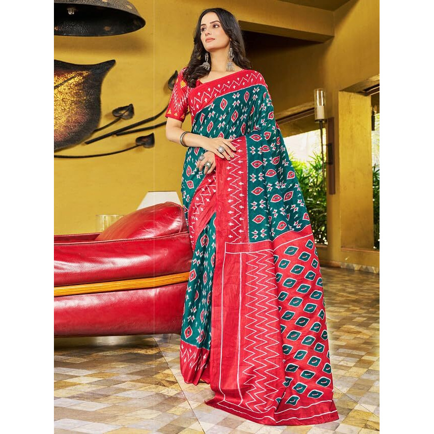 Satrani Women's Cotton Printed & Ready To Wear Saree With Unstitched Blouse Piece (3391S295N_Dull Rama & Maroon2)