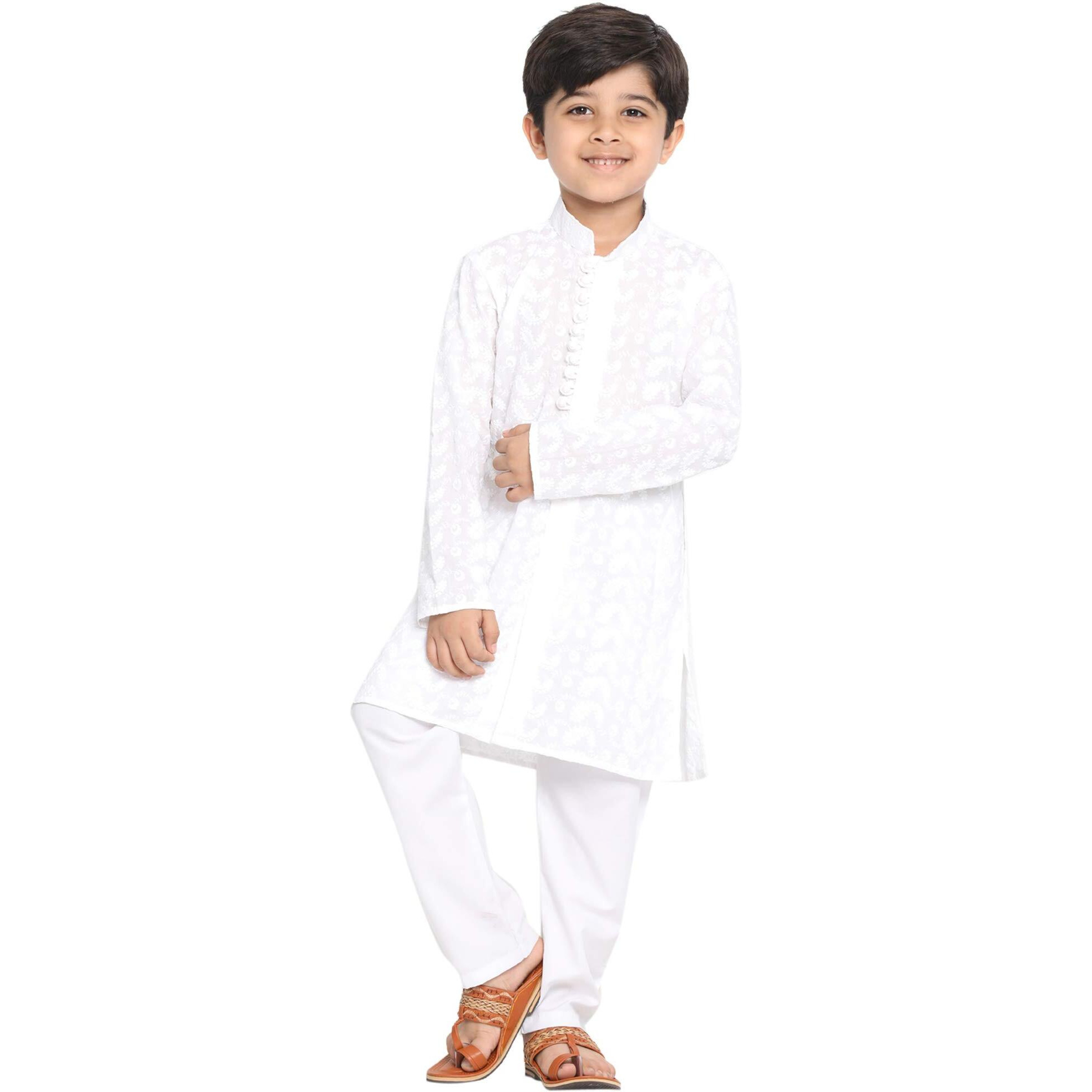 Vastramay Boys' Cotton Kurta Pyjama Set With Lucknowi Chikankari Embroidery, Full Sleeves & Mandarin Collar  Perfect For Festive/Wedding