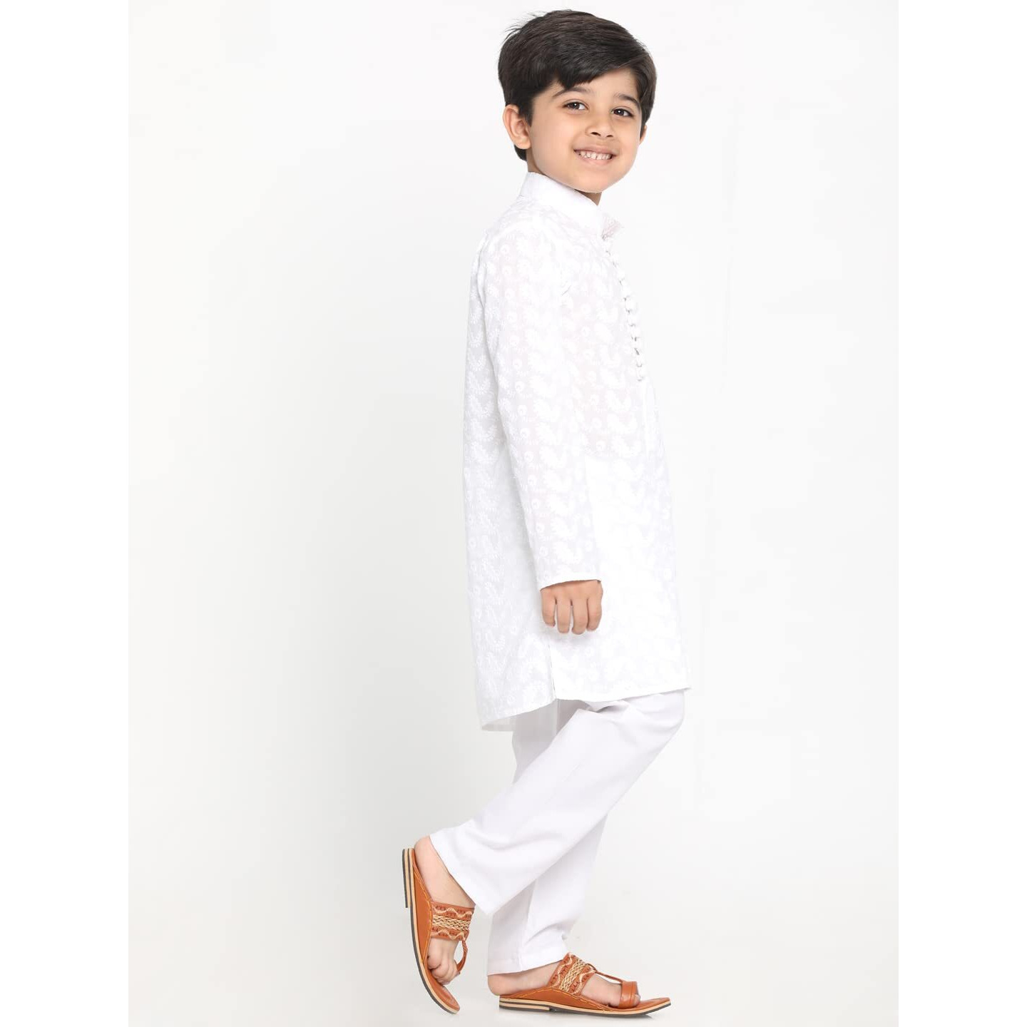 Vastramay Boys' Cotton Kurta Pyjama Set With Lucknowi Chikankari Embroidery, Full Sleeves & Mandarin Collar  Perfect For Festive/Wedding