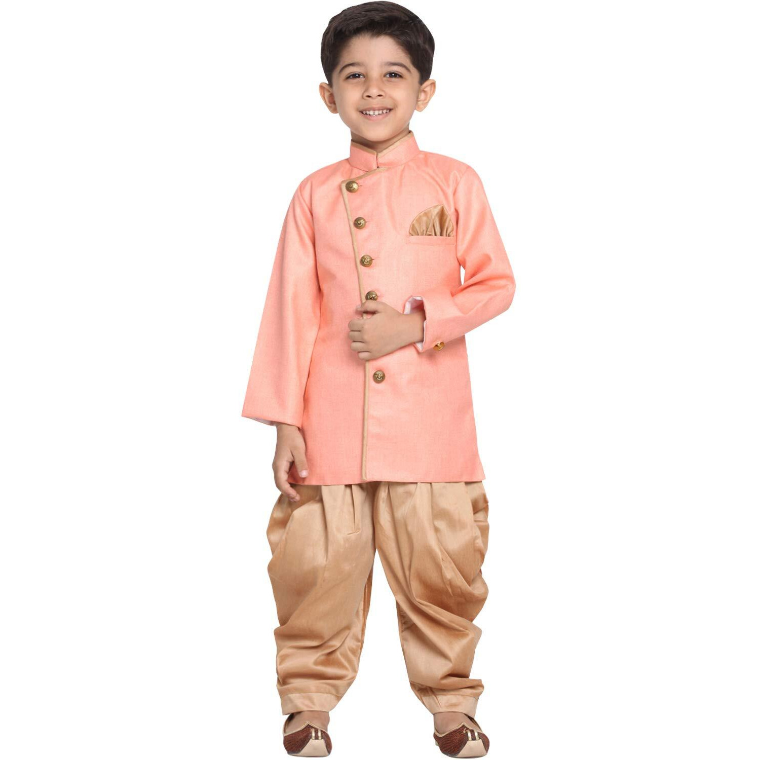 Jbn Creation Boys' Pink And Rose Gold Cotton Blend Sherwani And Dhoti Pant Set_Jbnbciw124Pnncdrg_36