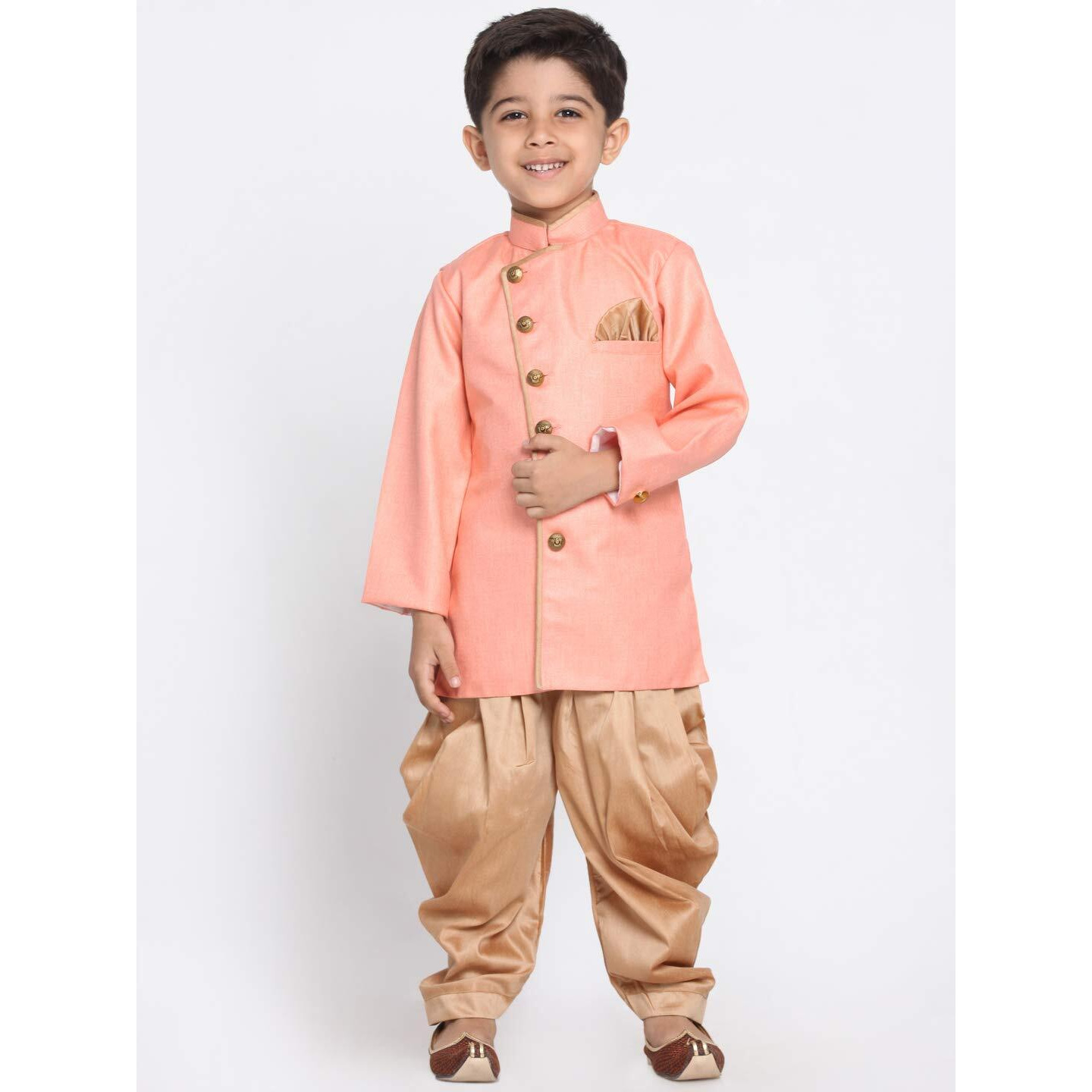 Jbn Creation Boys' Pink And Rose Gold Cotton Blend Sherwani And Dhoti Pant Set_Jbnbciw124Pnncdrg_36