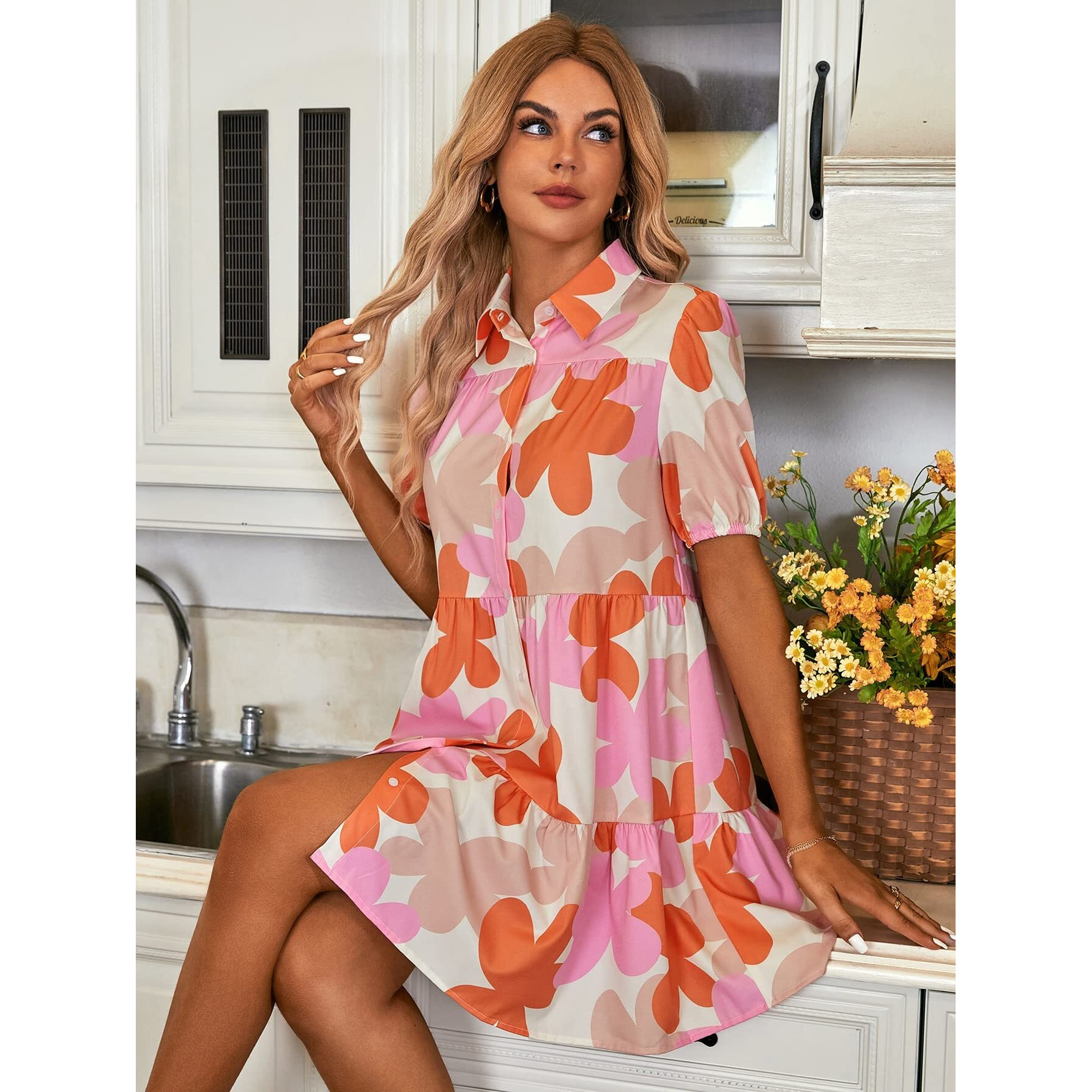 Shasmi Women's Orange Flower Print Short Sleeve Button Front All-Over Printed Dresses, Ruffle Hem Smock Dress For Woman (161 Dress Orange-M)