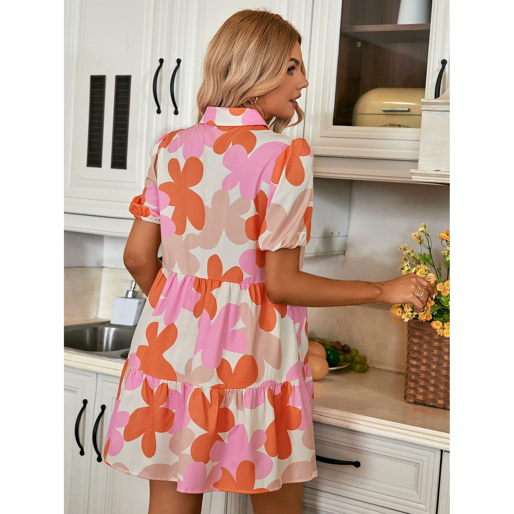 Shasmi Women's Orange Flower Print Short Sleeve Button Front All-Over Printed Dresses, Ruffle Hem Smock Dress For Woman (161 Dress Orange-M)