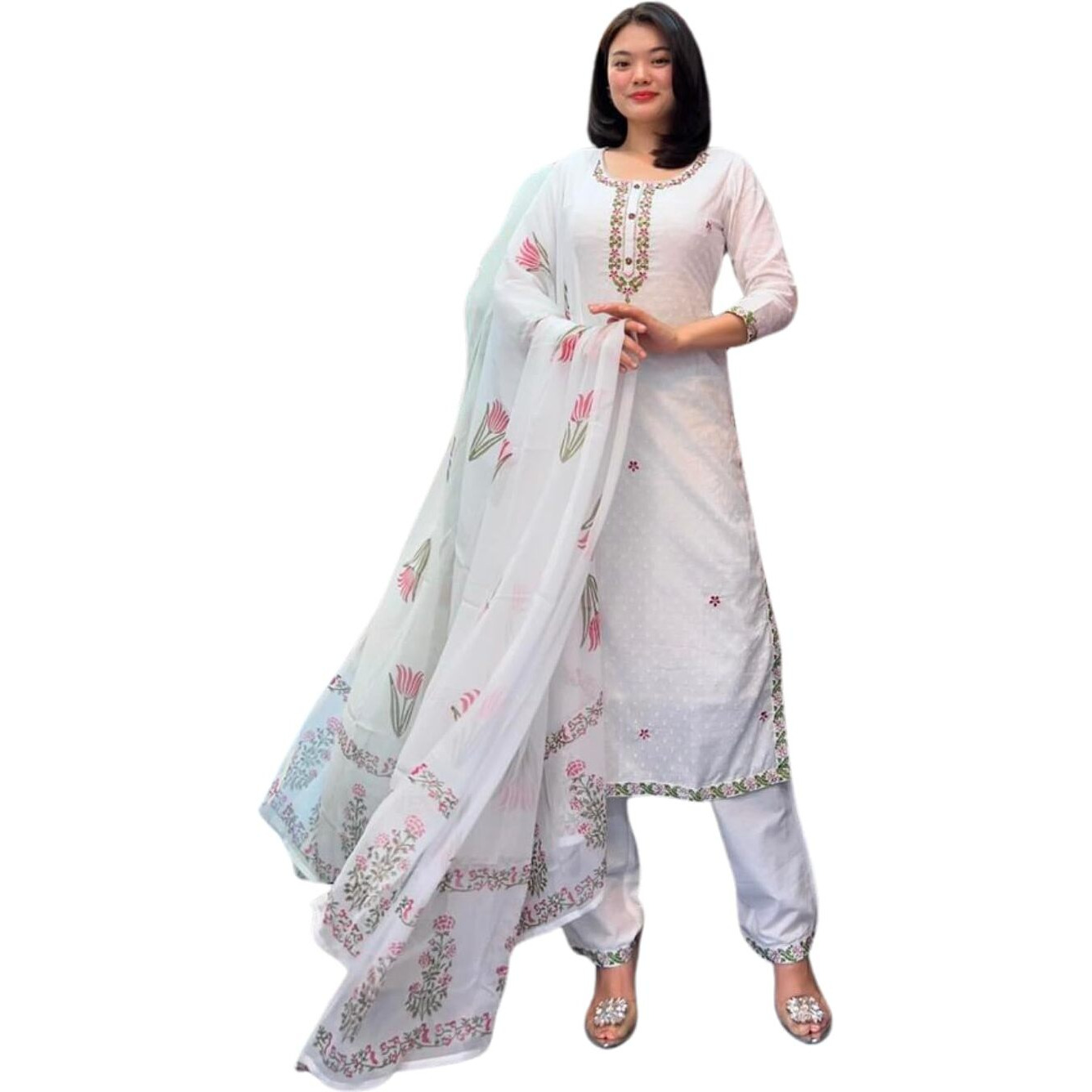 Shiv Textiles Poly Cotton Embroidery Kurta Set For Women (Jd-Mia-White-Xxl)