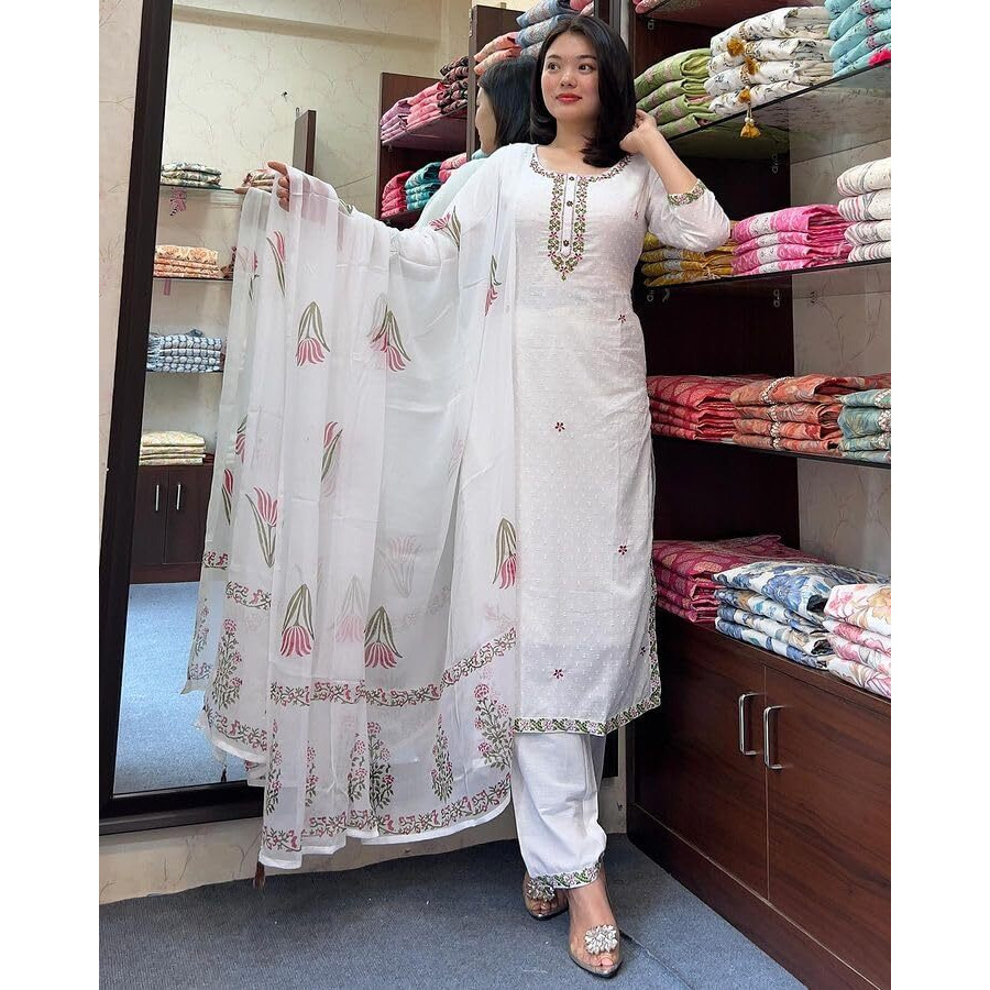 Shiv Textiles Poly Cotton Embroidery Kurta Set For Women (Jd-Mia-White-Xxl)