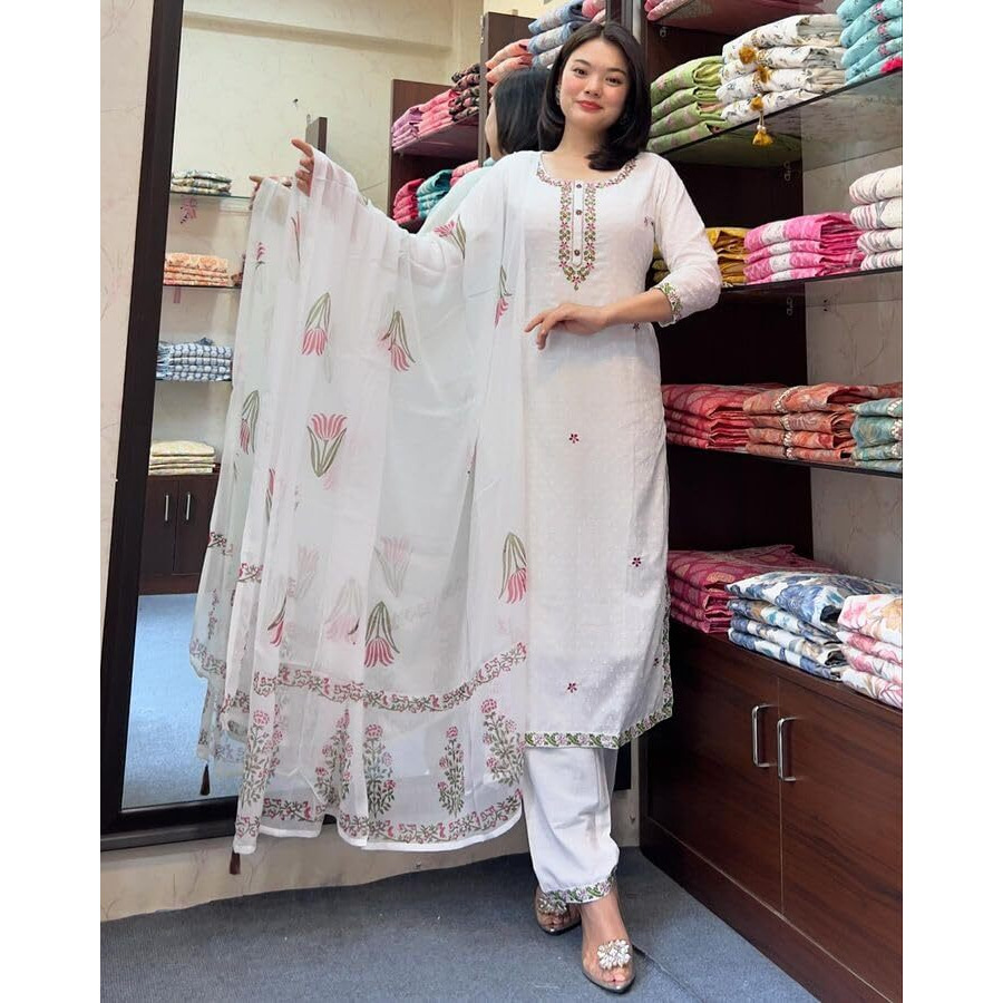 Shiv Textiles Poly Cotton Embroidery Kurta Set For Women (Jd-Mia-White-Xxl)