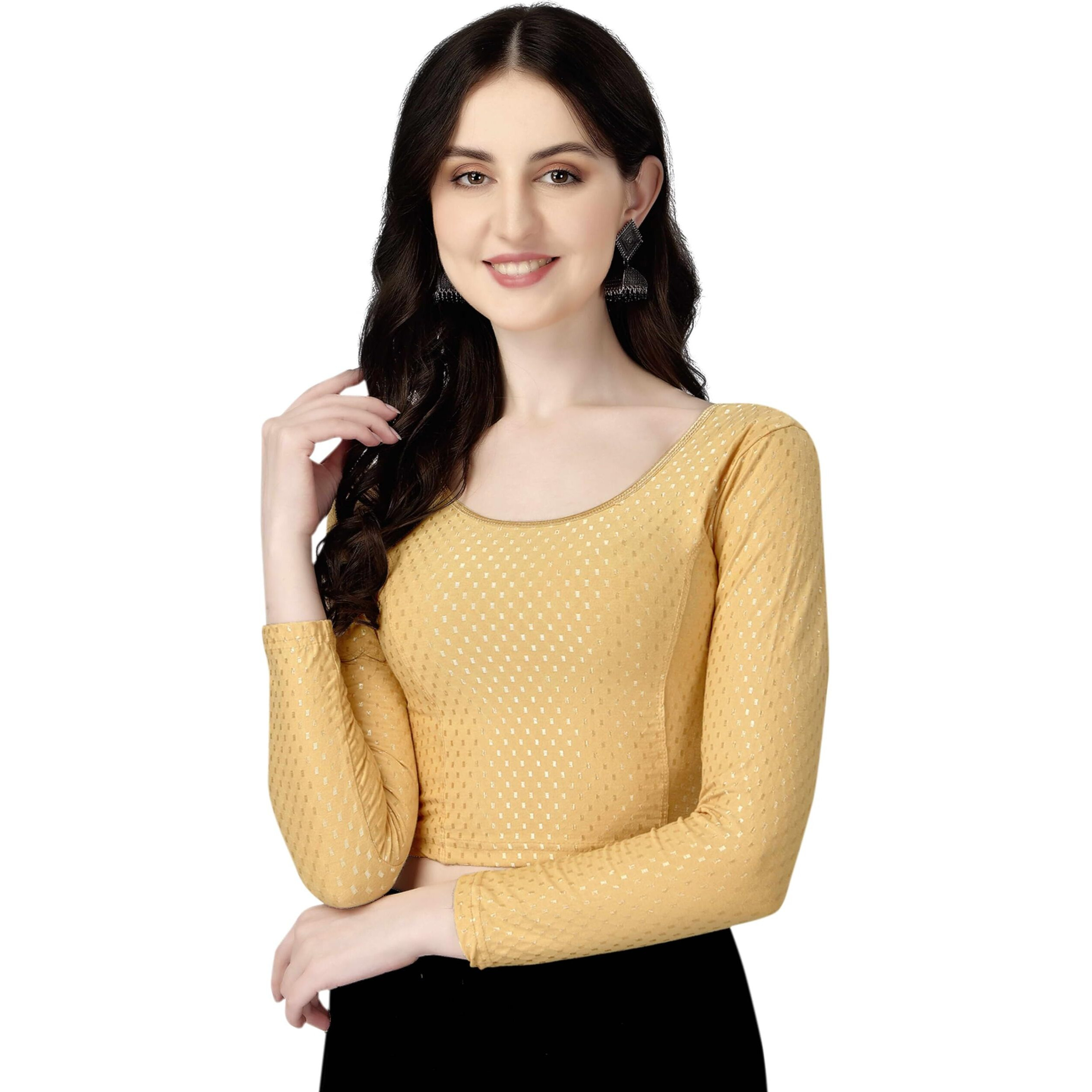 Shiv Textiles Round Neck Dobby Cotton Lycra Stretchable Elbow Sleeve Readymade Saree Blouse For Women Stylish (Creampluse Size Full Sleeve)