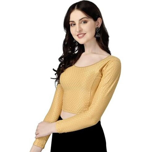 Shiv Textiles Round Neck Dobby Cotton Lycra Stretchable Elbow Sleeve Readymade Saree Blouse For Women Stylish (Creampluse Size Full Sleeve)