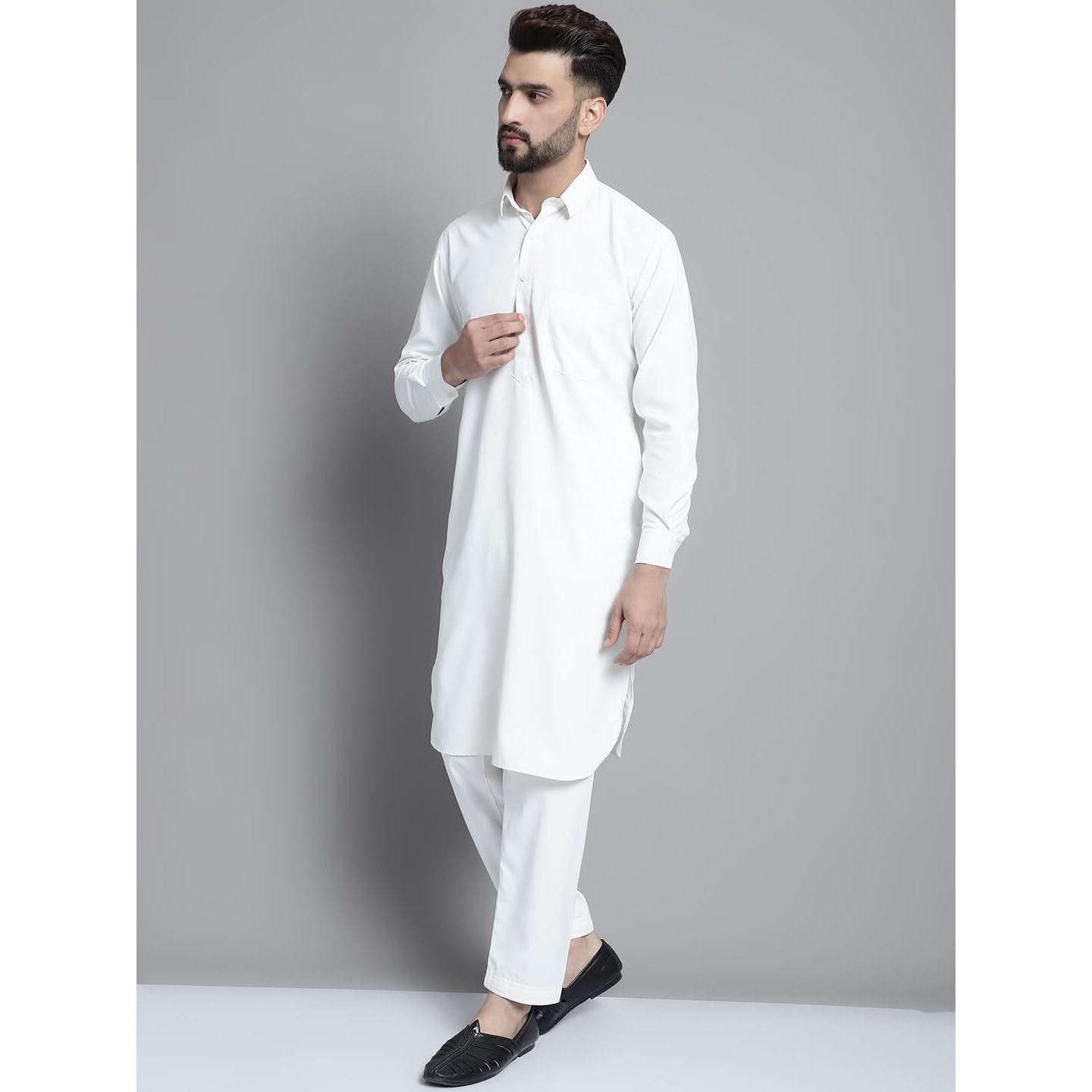 Jompers Men's Cotton Solid Pathani Kurta With Salwar (White, M)