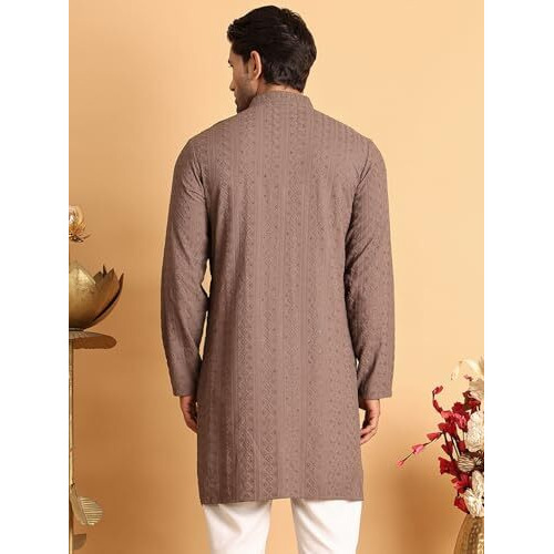 Jompers Coffee Embroidered & Sequins Straight Kurta Only For Men. (Coffee, S)