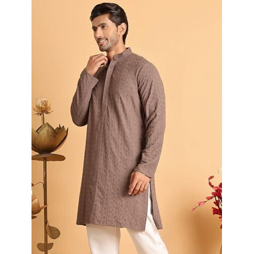 Jompers Coffee Embroidered & Sequins Straight Kurta Only For Men. (Coffee, S)