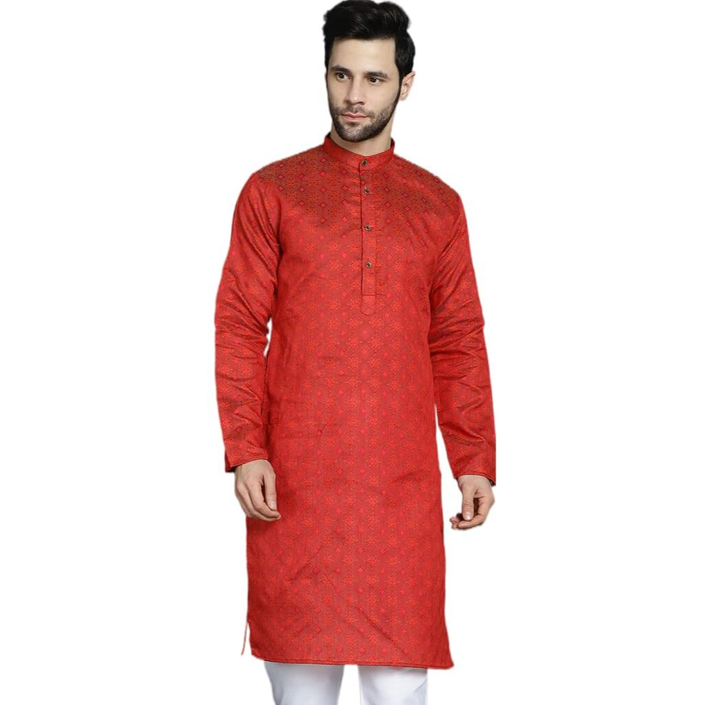 Jompers Men's Red Woven Design Kurtas (Red, Xl)