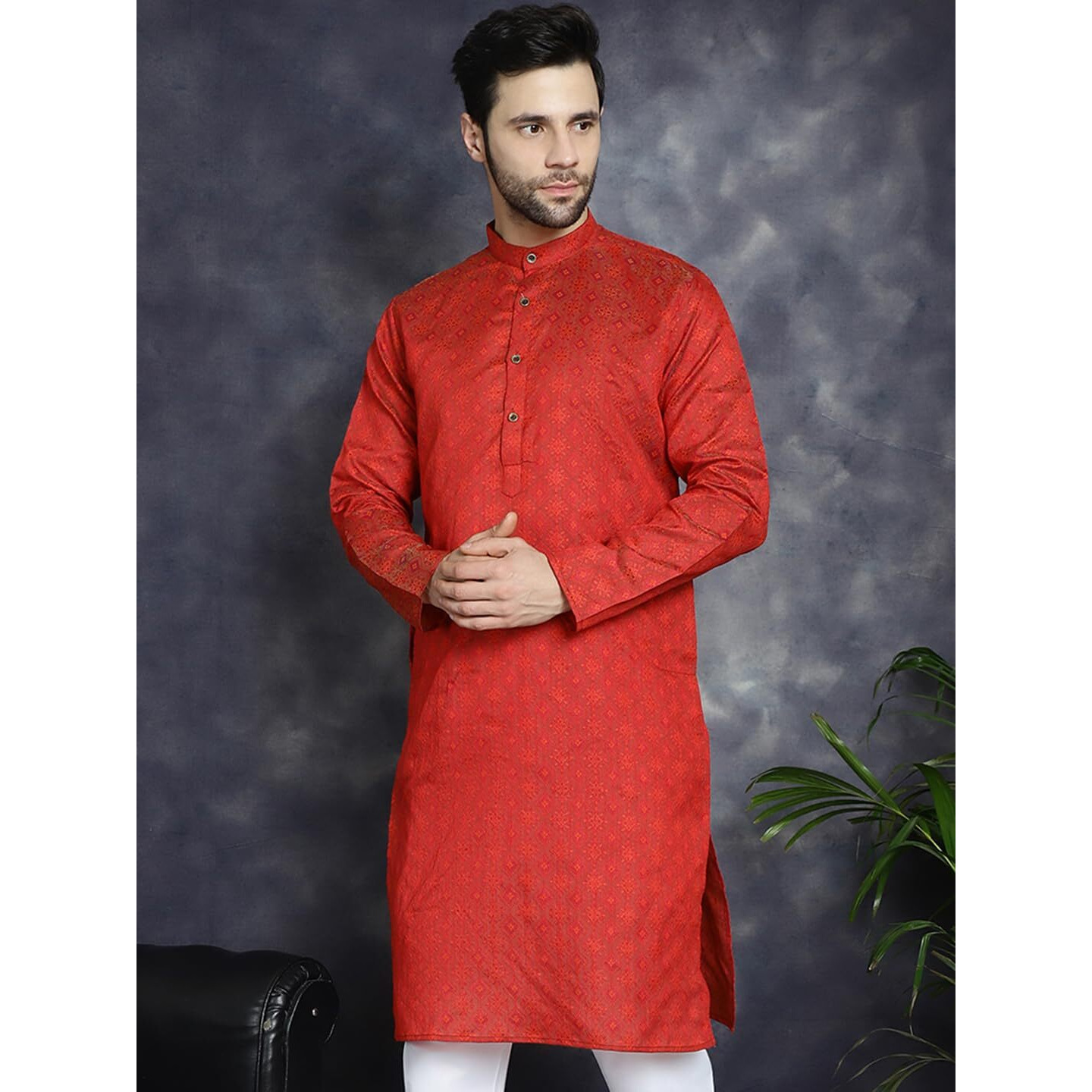 Jompers Men's Red Woven Design Kurtas (Red, Xl)