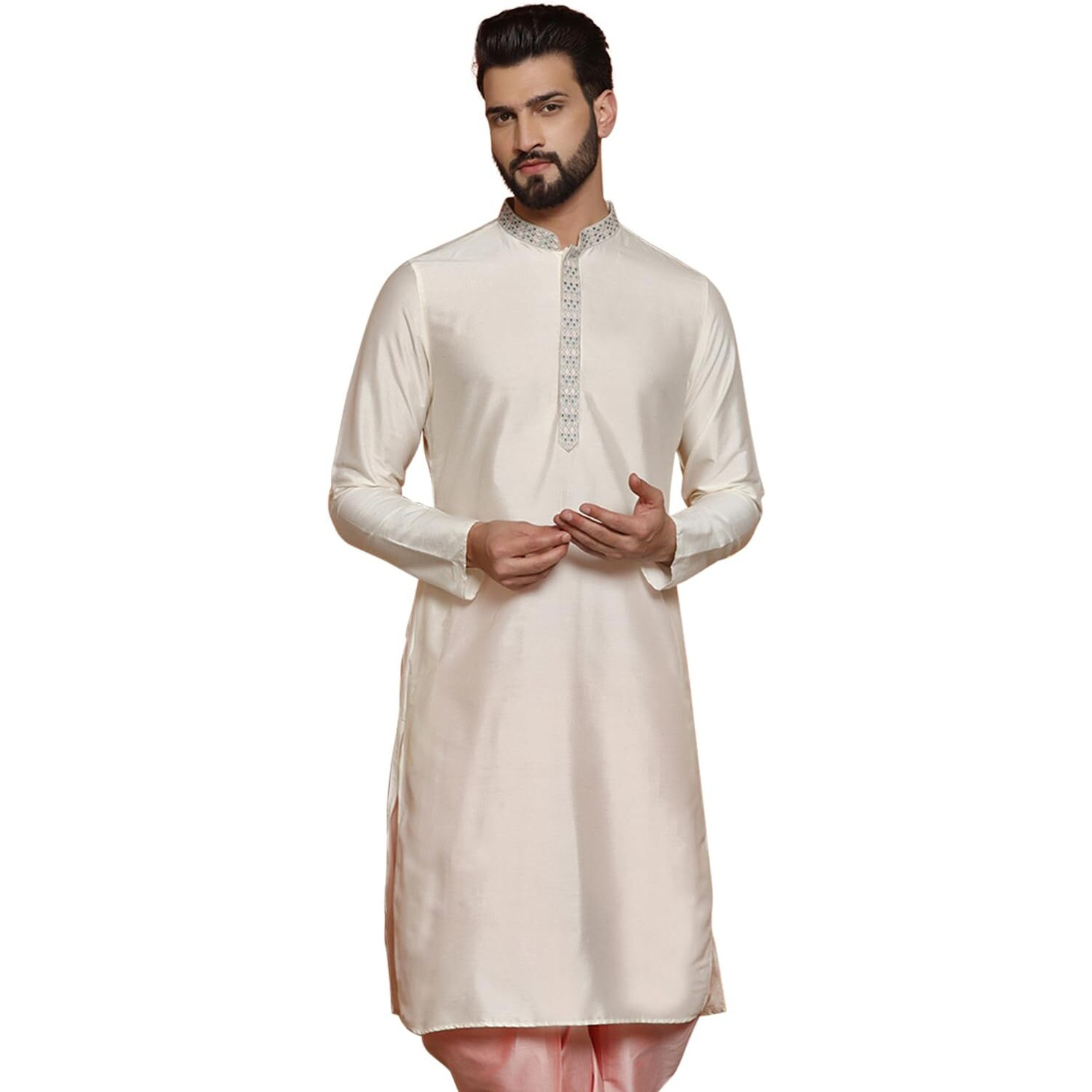 Kisah Men Off White Kurta, Cotton, Full Sleaves, Knee Length, Straight, Regular Fit, Mandarin Collar Ethnic Wear