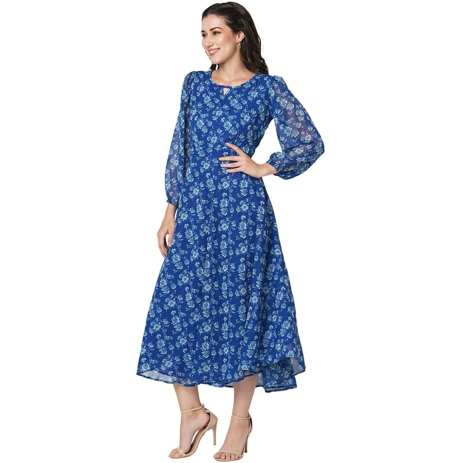 Selvia Western Dress For Women|Georgette Dress For Women|Fit & Flare Dress|Floral Printed Dress For Women|One Piece Dress For Women (680Dtk7812N-Xl_Blue And Multi)