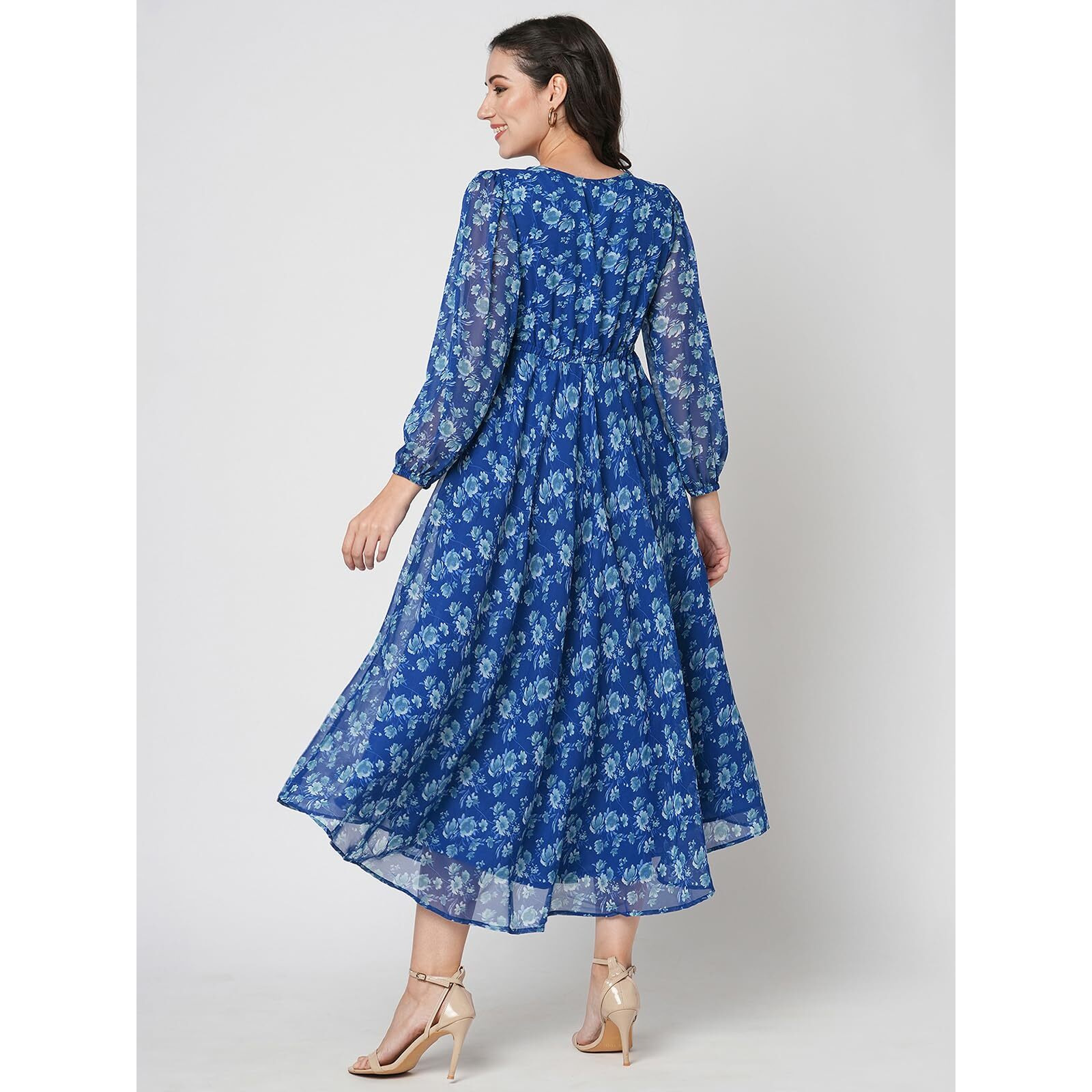 Selvia Western Dress For Women|Georgette Dress For Women|Fit & Flare Dress|Floral Printed Dress For Women|One Piece Dress For Women (680Dtk7812N-Xl_Blue And Multi)