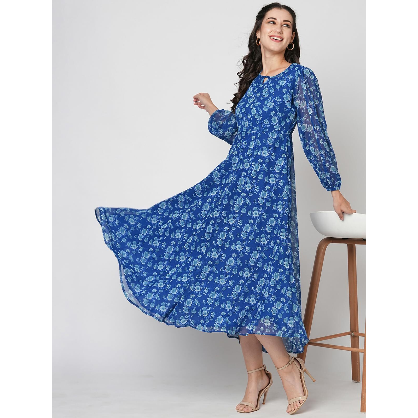 Selvia Western Dress For Women|Georgette Dress For Women|Fit & Flare Dress|Floral Printed Dress For Women|One Piece Dress For Women (680Dtk7812N-Xl_Blue And Multi)