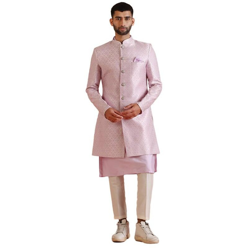 Kisah Men's Indo-Western Kurta Sherwani Trouser Set, Jacquard Lilac, Woven Design Regular Fit Mandarin Collar Long Sleeves (40)