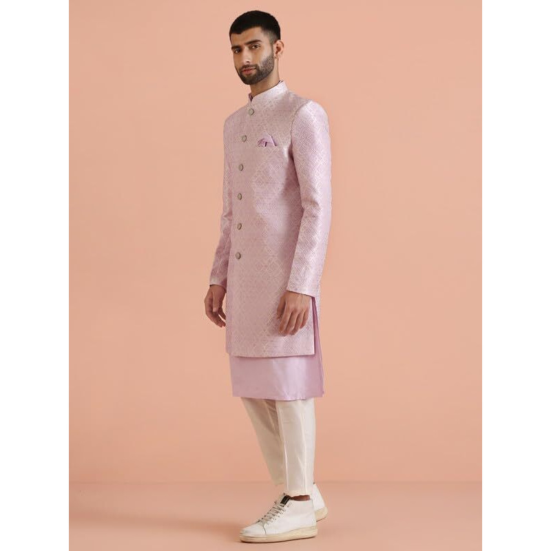 Kisah Men's Indo-Western Kurta Sherwani Trouser Set, Jacquard Lilac, Woven Design Regular Fit Mandarin Collar Long Sleeves (40)