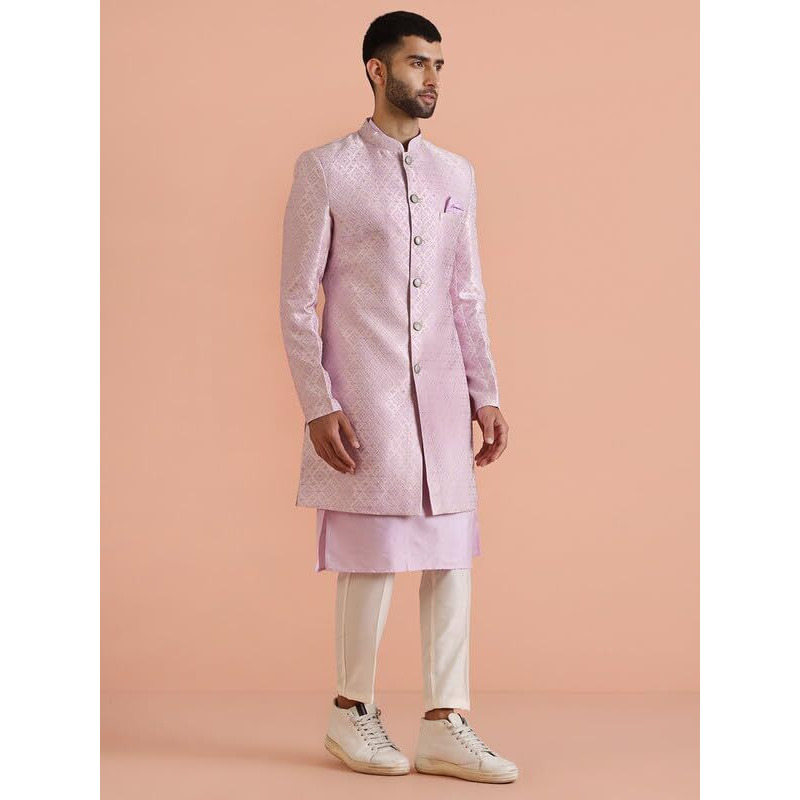 Kisah Men's Indo-Western Kurta Sherwani Trouser Set, Jacquard Lilac, Woven Design Regular Fit Mandarin Collar Long Sleeves (40)
