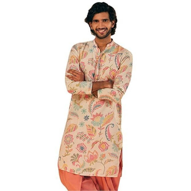Kisah Men's Multi-Color Printed Cotton Kurta-Regular Fit Long Tunic With Mandarin Collar | Ethnic Wear For Weddings & Festive Occasions, Multicolour, 42