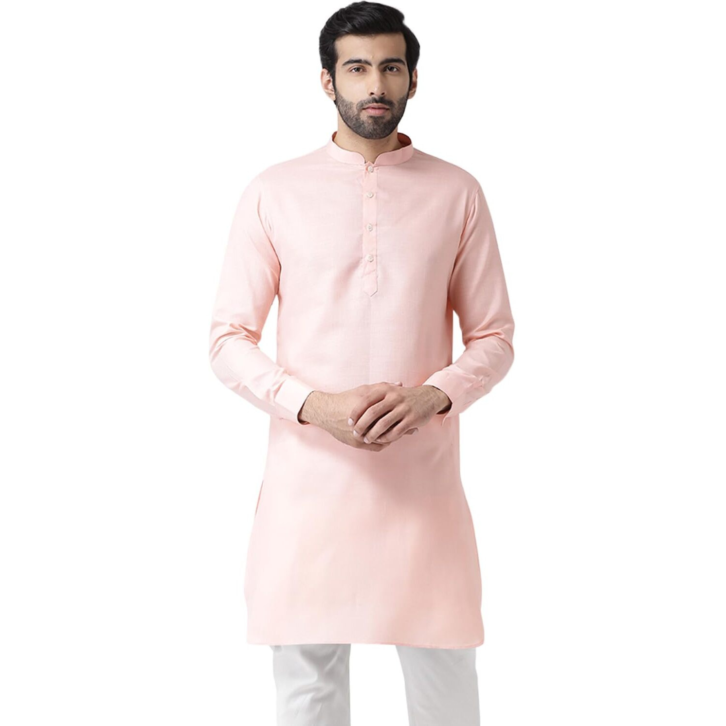 Kisah Men Light Pink Thread Work Kurta Full Sleaves, Knee Length, Straight, Regular Fit, Mandarin Collar Ethnic Wear