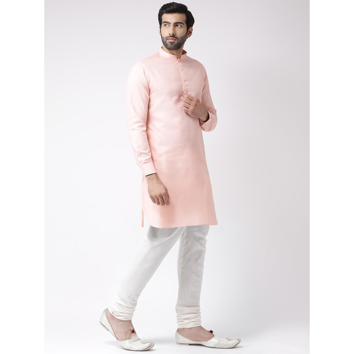 Kisah Men Light Pink Thread Work Kurta Full Sleaves, Knee Length, Straight, Regular Fit, Mandarin Collar Ethnic Wear