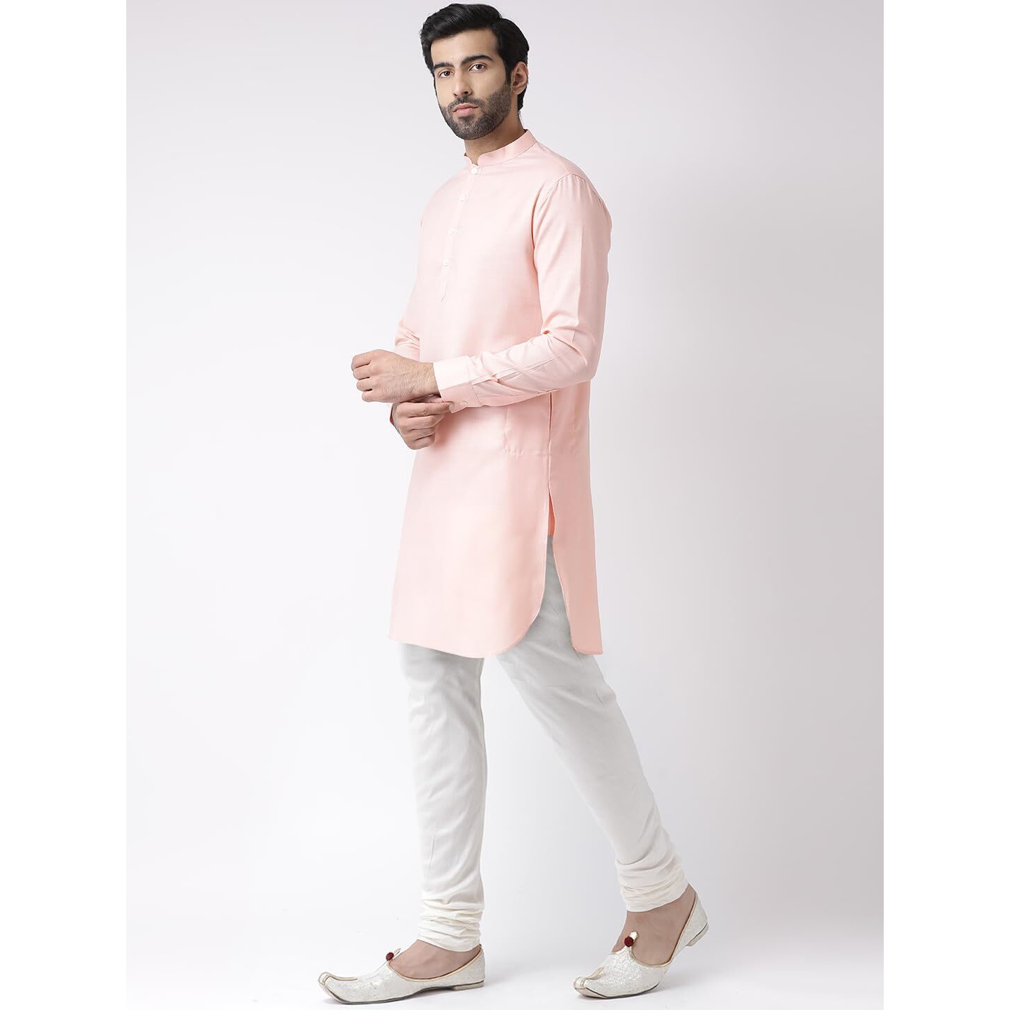 Kisah Men Light Pink Thread Work Kurta Full Sleaves, Knee Length, Straight, Regular Fit, Mandarin Collar Ethnic Wear
