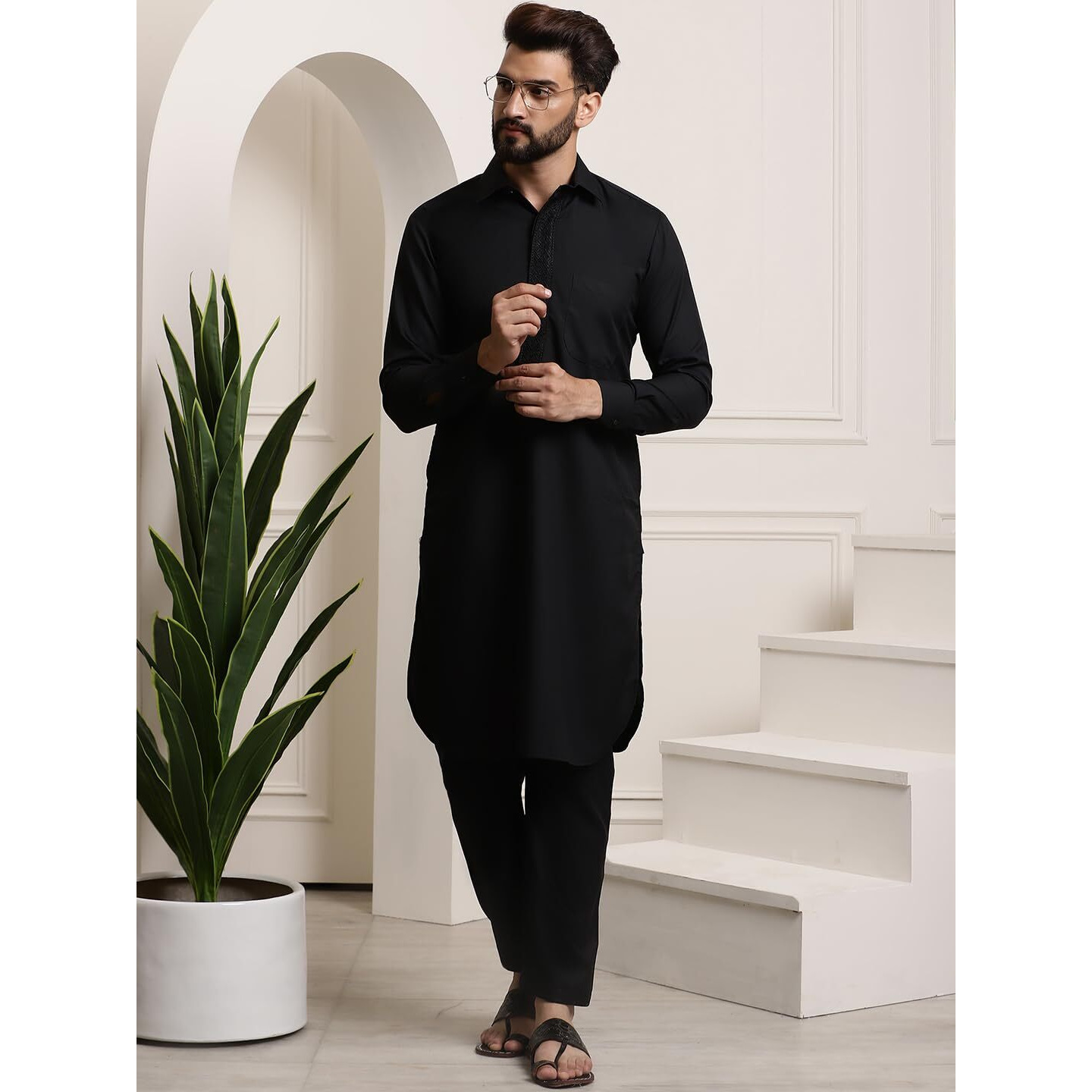 Sojanya (Since 1958 Men's Cotton Black Pathani Kurta Salwar Set