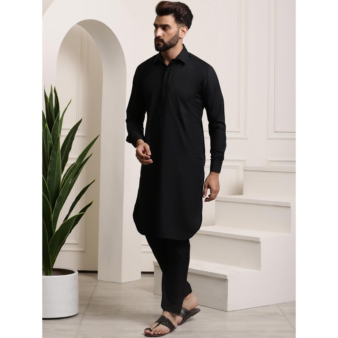 Sojanya (Since 1958 Men's Cotton Black Pathani Kurta Salwar Set