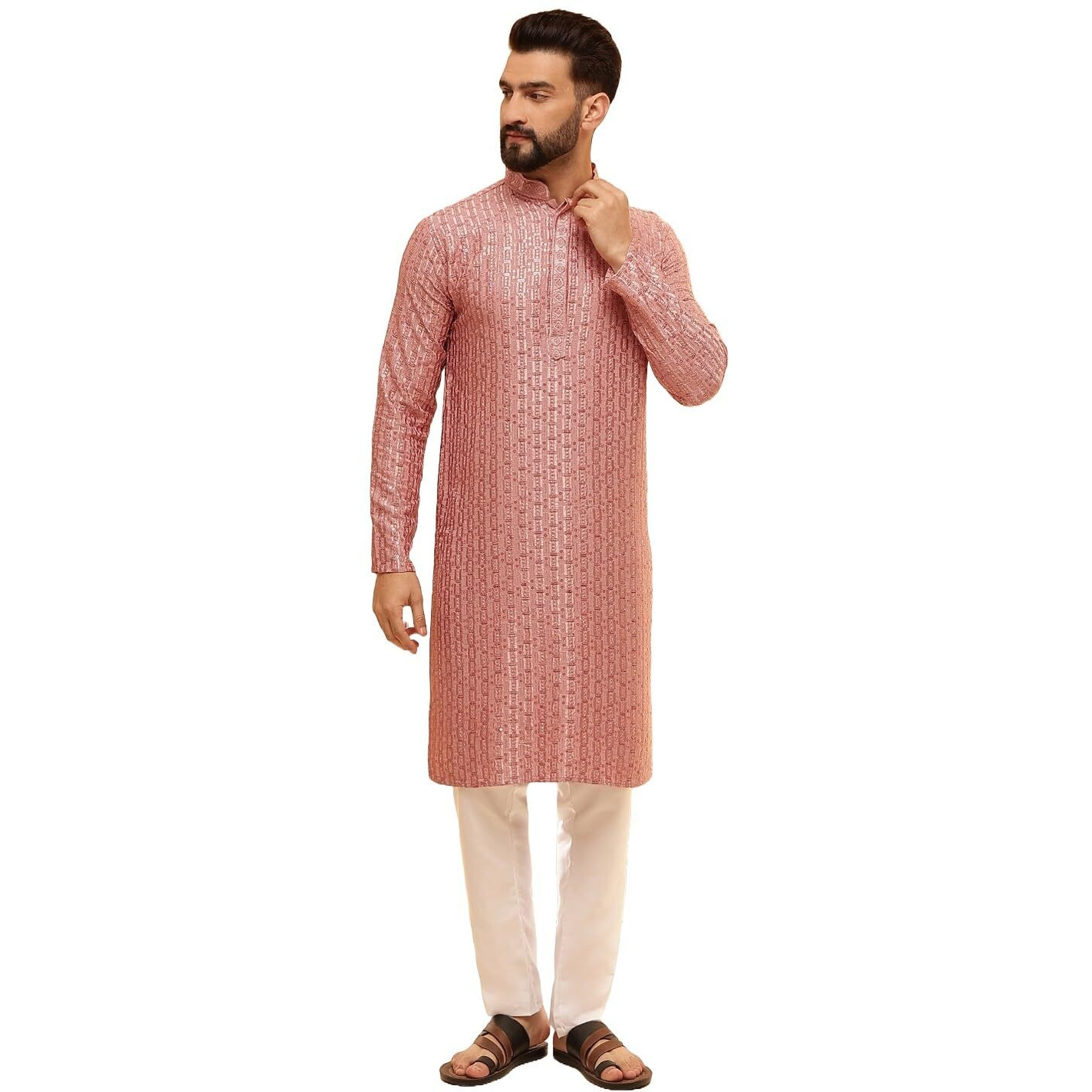 Sojanya (Since 1958 Men's Cotton Rayon Shiny Thread Sequinned Coral Kurta With White Pyjama