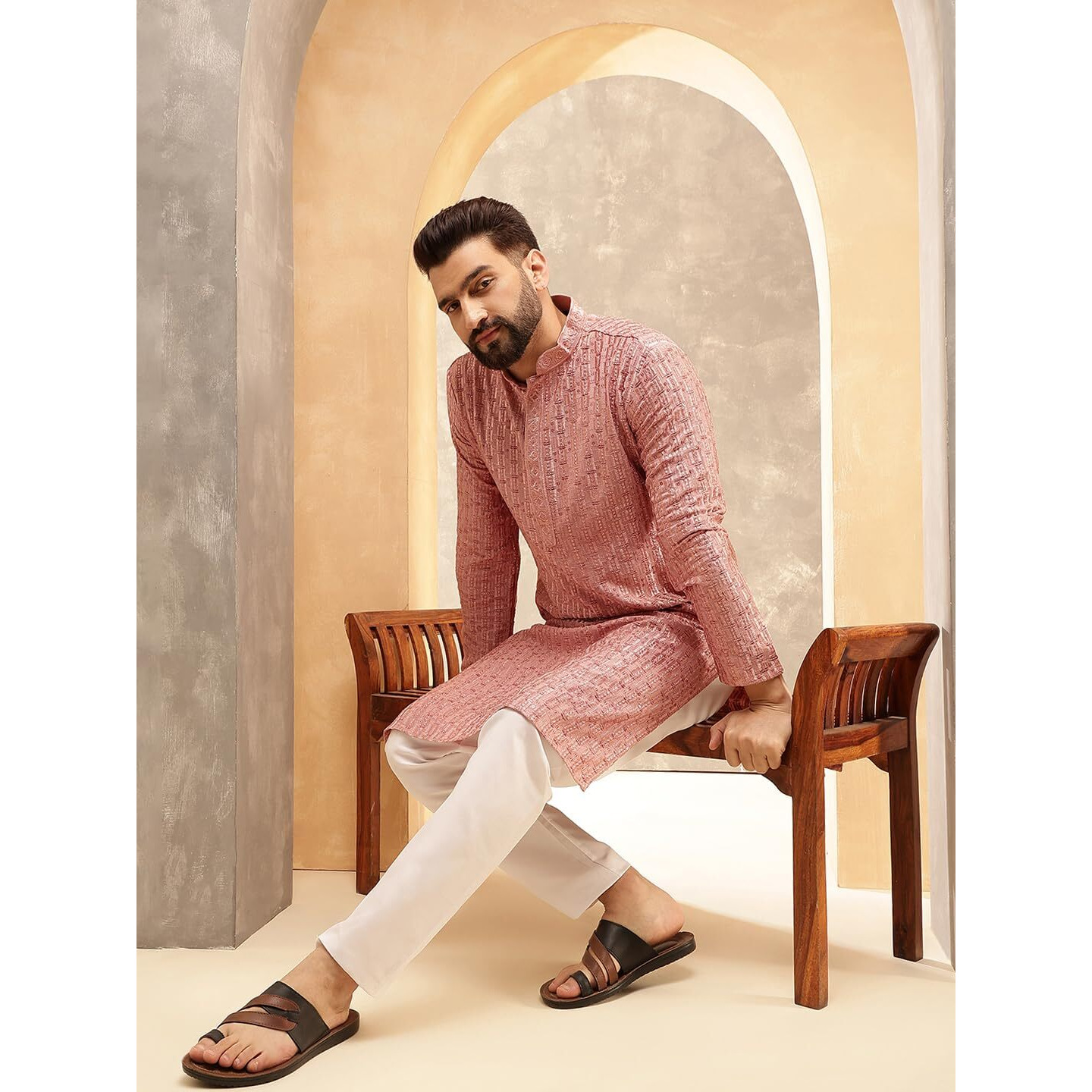 Sojanya (Since 1958 Men's Cotton Rayon Shiny Thread Sequinned Coral Kurta With White Pyjama