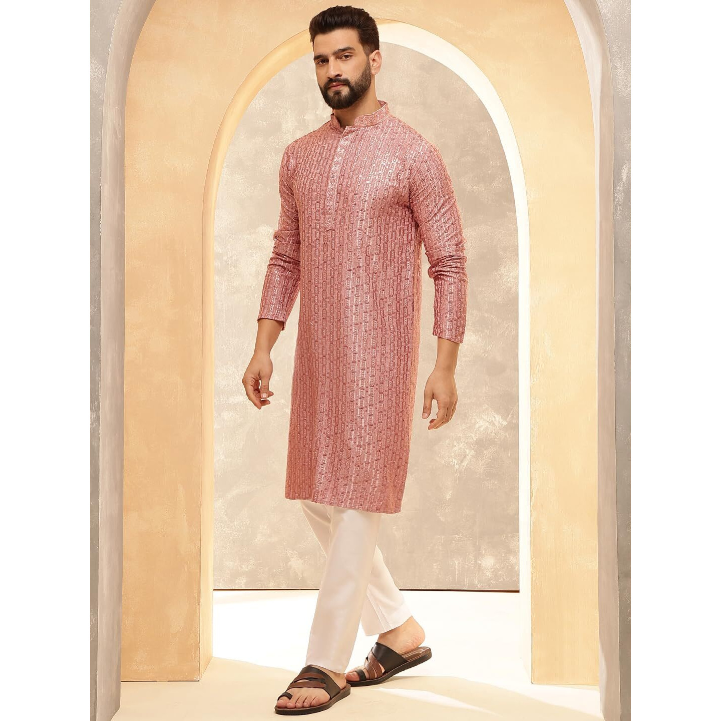 Sojanya (Since 1958 Men's Cotton Rayon Shiny Thread Sequinned Coral Kurta With White Pyjama