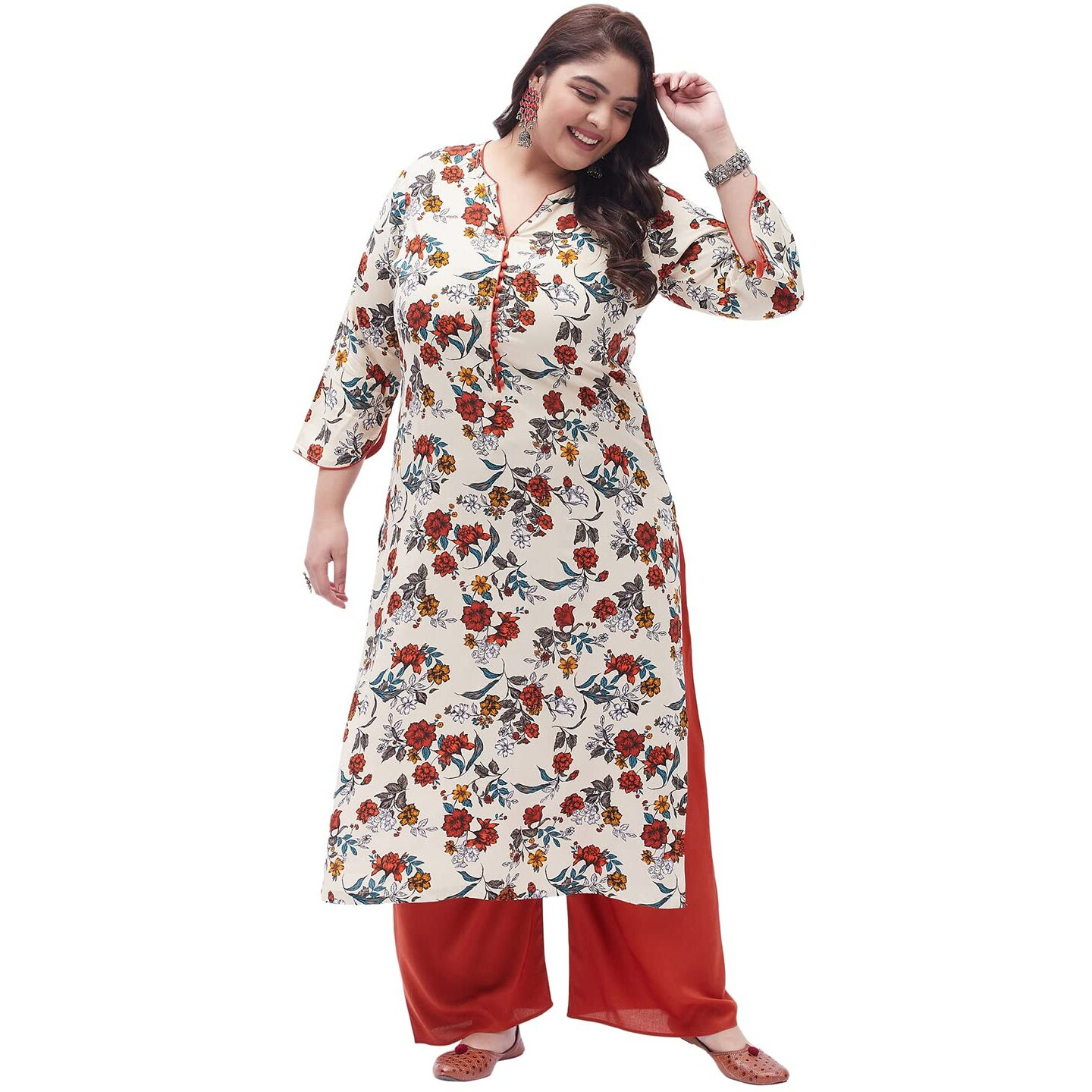 Tissu Rayon Women's Plus Size Cream & Orange Printed Kurta With Palazzo (T-Plus-634_Cream_8Xl)