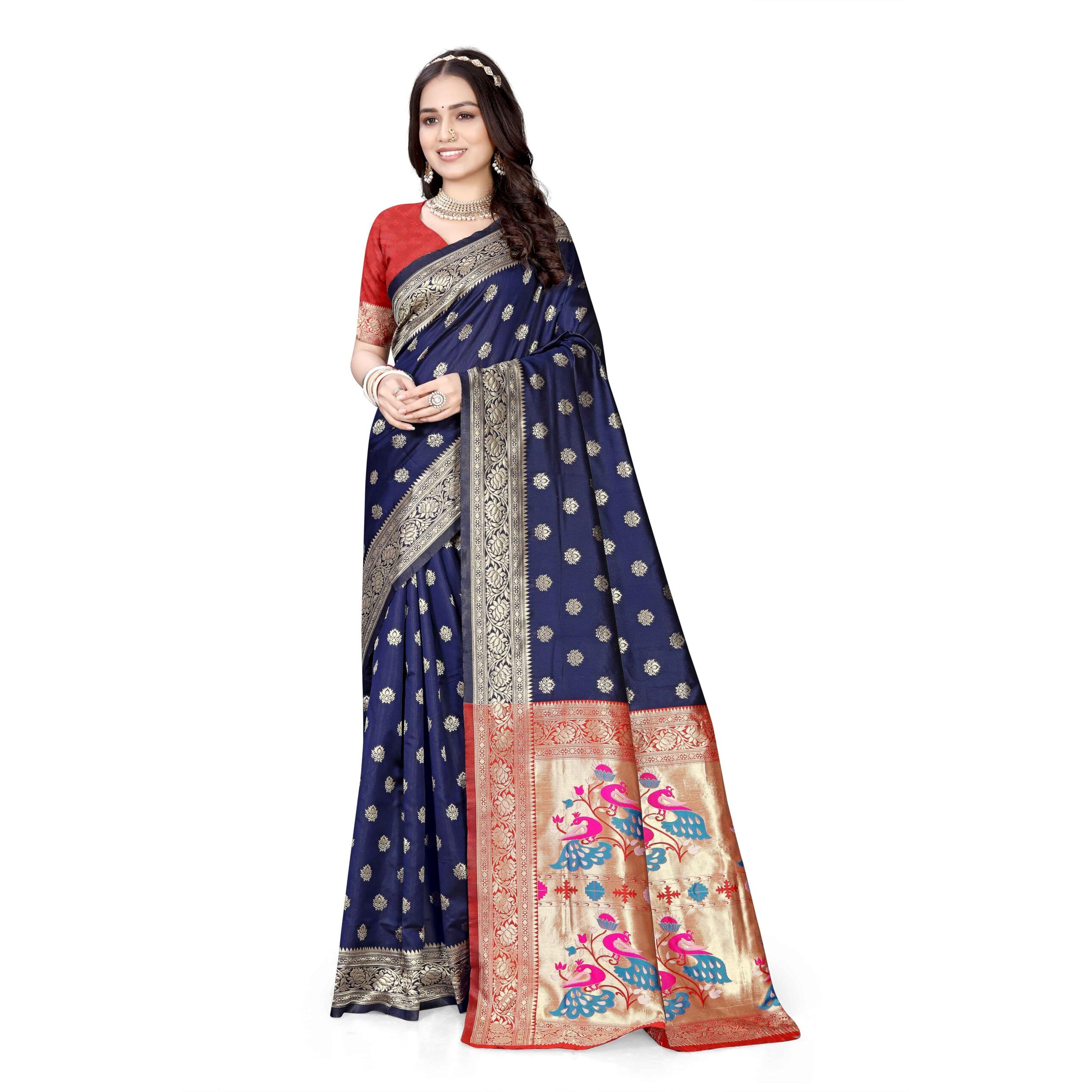 Sugathari Women's Banarasi Saree Pure Paithani Kanjivaram Silk Soft New Ladies 2024 Design Wear Sarees Latest Cotton Party Sari Collections With Blouse Piece For Wedding Sadi (Pari-205 Navy Blue)