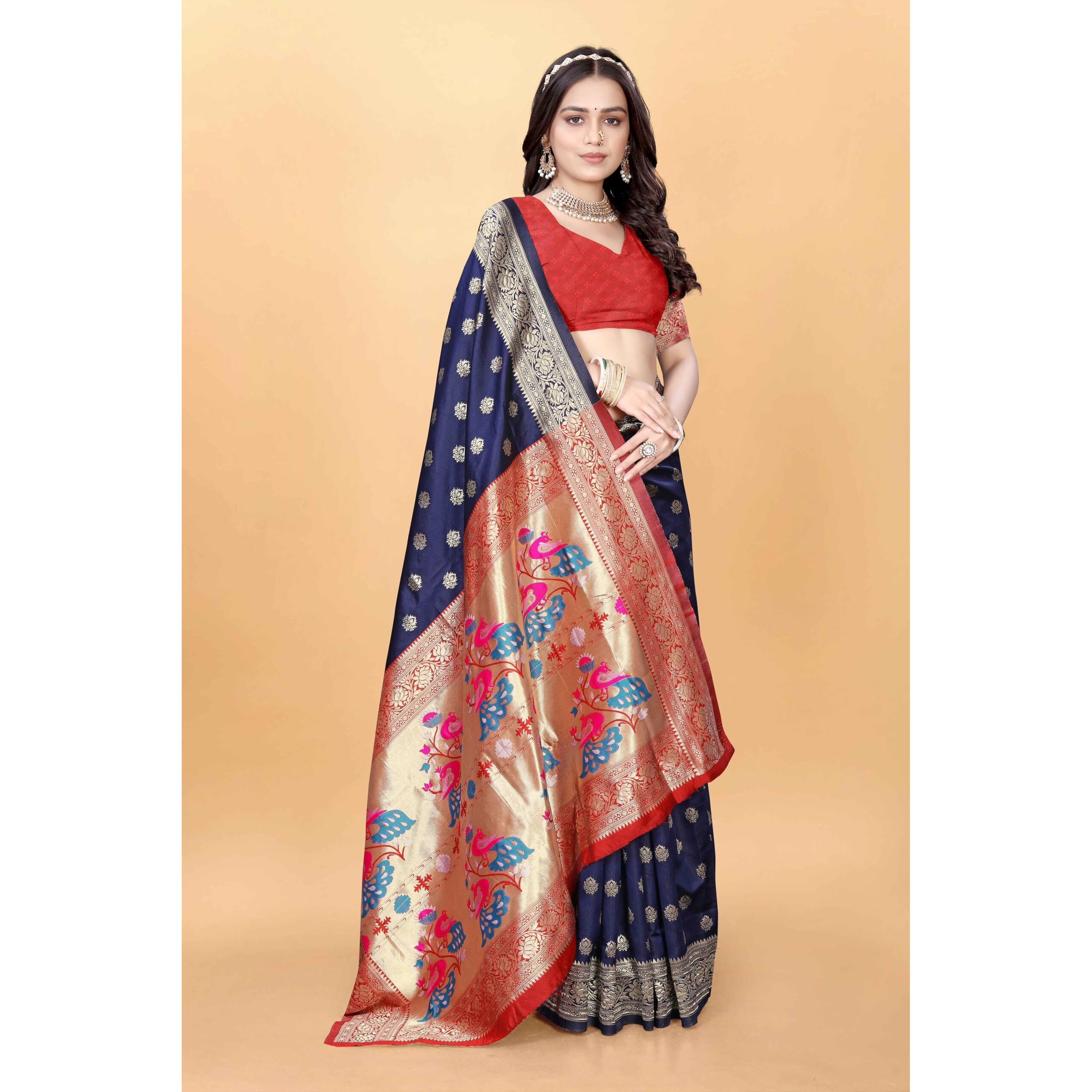 Sugathari Women's Banarasi Saree Pure Paithani Kanjivaram Silk Soft New Ladies 2024 Design Wear Sarees Latest Cotton Party Sari Collections With Blouse Piece For Wedding Sadi (Pari-205 Navy Blue)