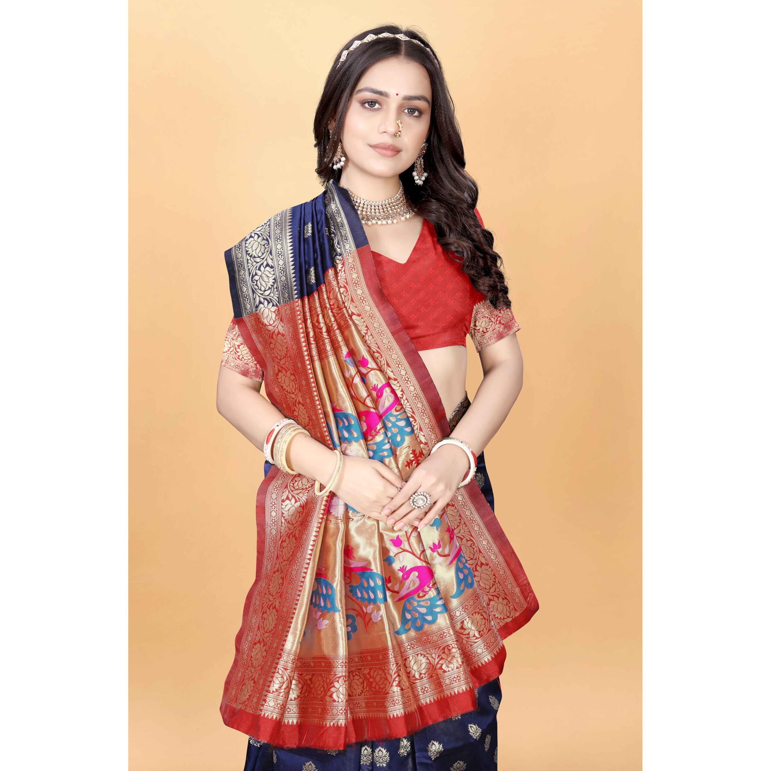 Sugathari Women's Banarasi Saree Pure Paithani Kanjivaram Silk Soft New Ladies 2024 Design Wear Sarees Latest Cotton Party Sari Collections With Blouse Piece For Wedding Sadi (Pari-205 Navy Blue)