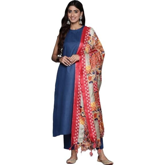 Varanga Women Navy Blue Halter Neck Solid Kurta Paired With Tonal Solid Bottom And Contrast Bhagalpuri Printed Dupatta
