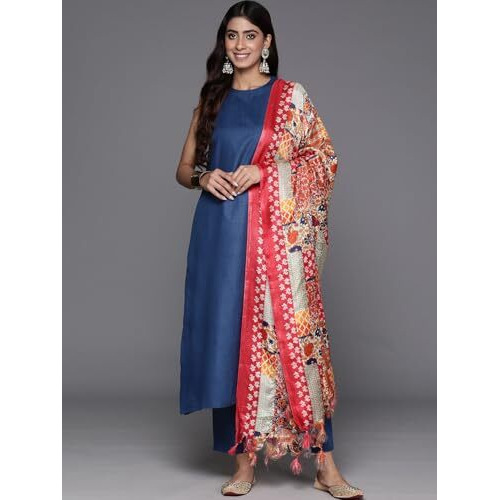Varanga Women Navy Blue Halter Neck Solid Kurta Paired With Tonal Solid Bottom And Contrast Bhagalpuri Printed Dupatta