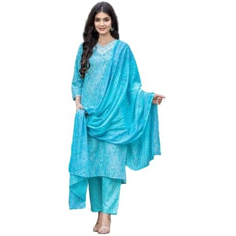 Varanga Women Printed Blue V Neck Embroidered Kurta With Printed Bottom And Dupatta