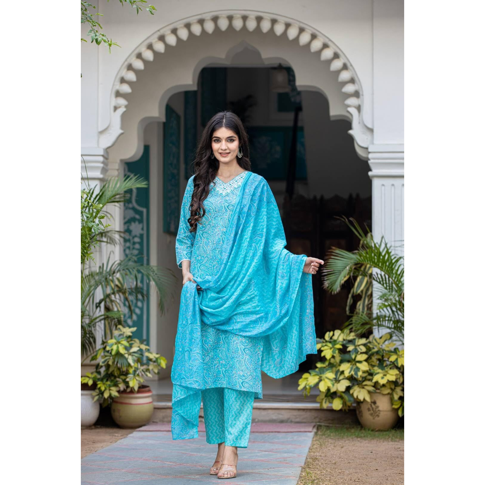 Varanga Women Printed Blue V Neck Embroidered Kurta With Printed Bottom And Dupatta