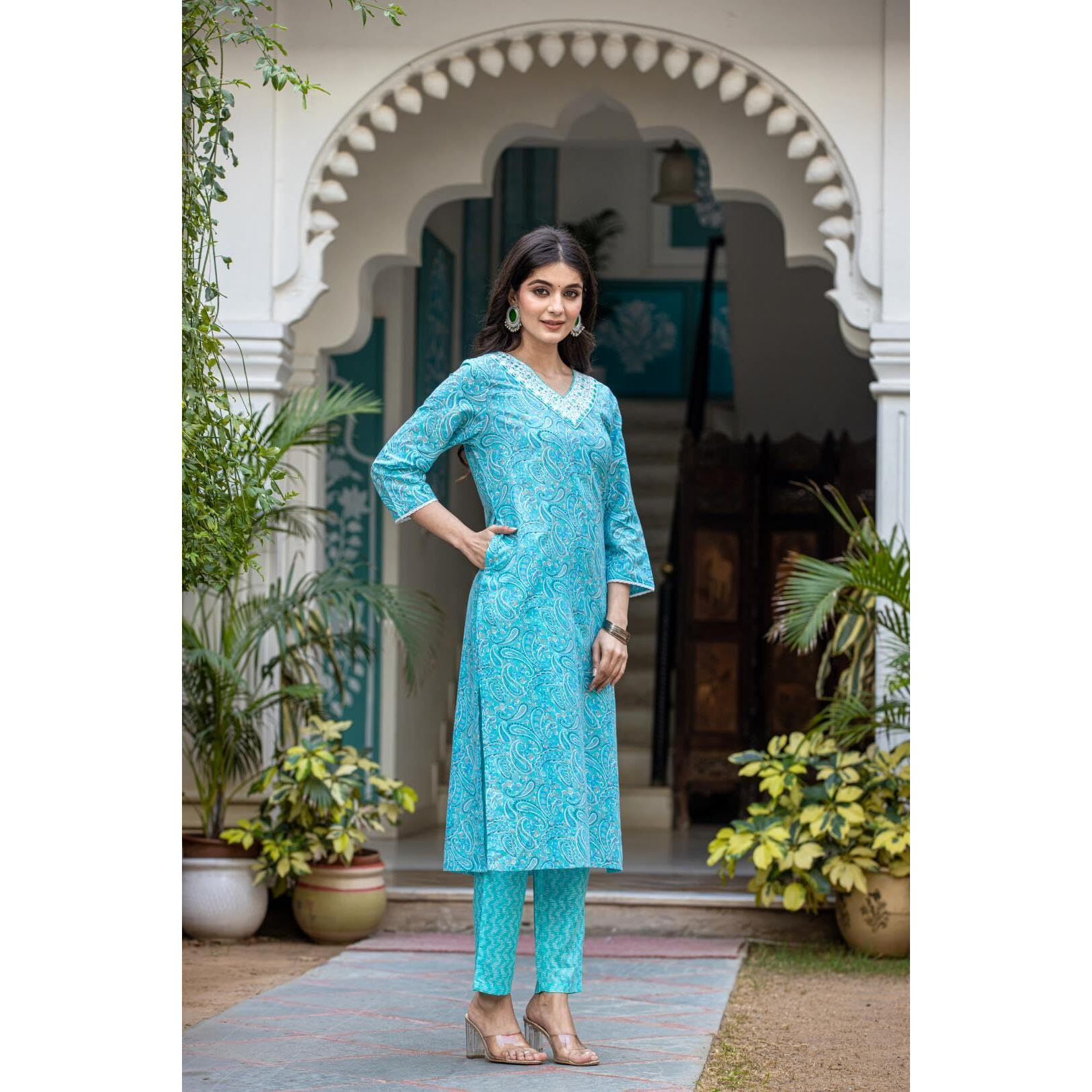 Varanga Women Printed Blue V Neck Embroidered Kurta With Printed Bottom And Dupatta